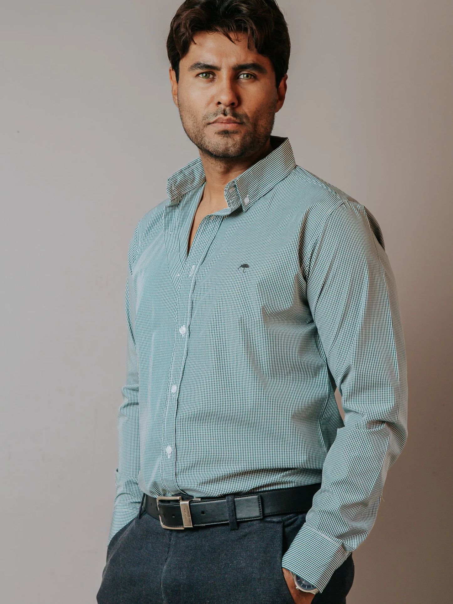 CAMISA HOMBRE SLIM FIT, MICROCUADRO VERDE