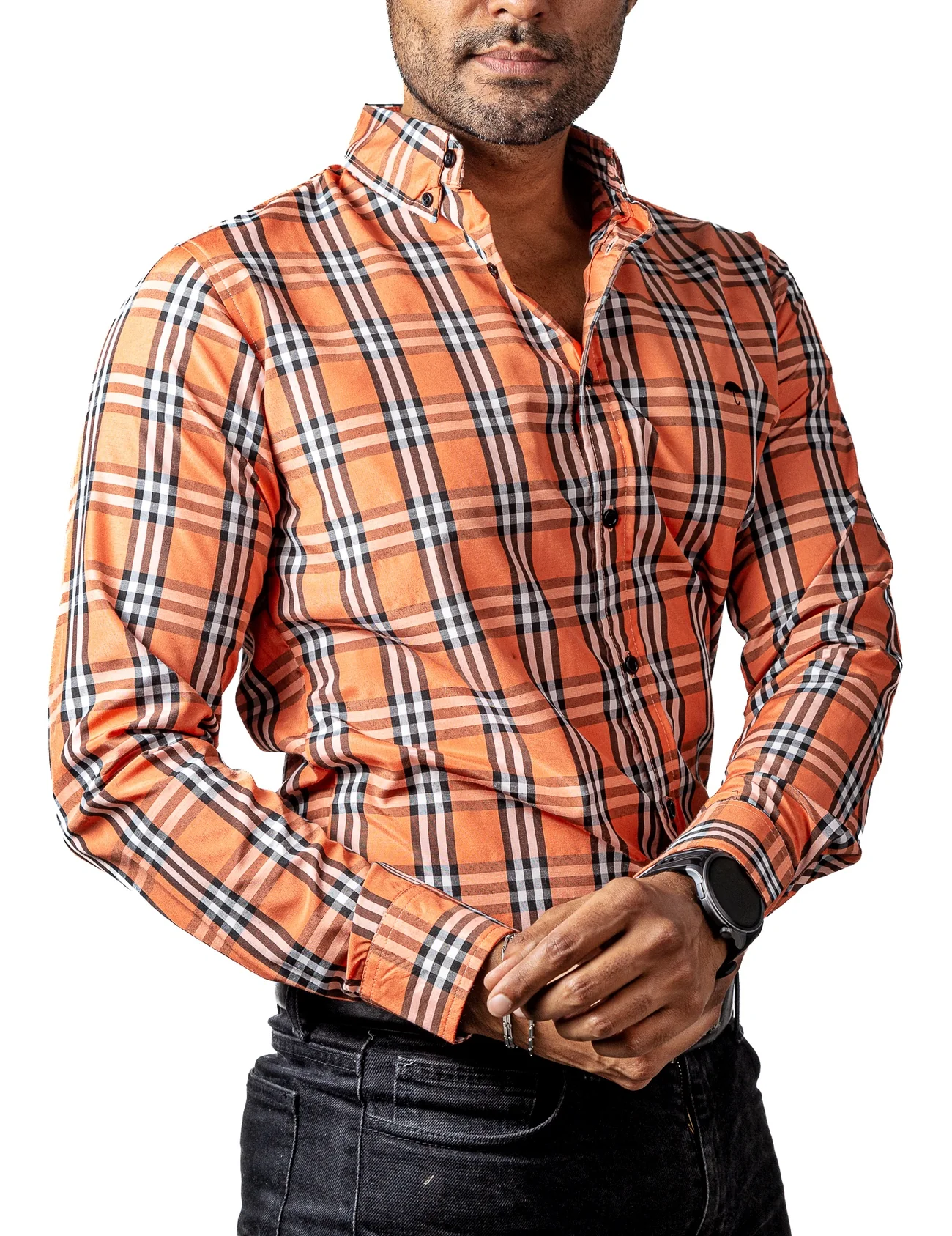 CAMISA HOMBRE CASUAL CUADROS NARANJAS, BLANCOS, NEGROS