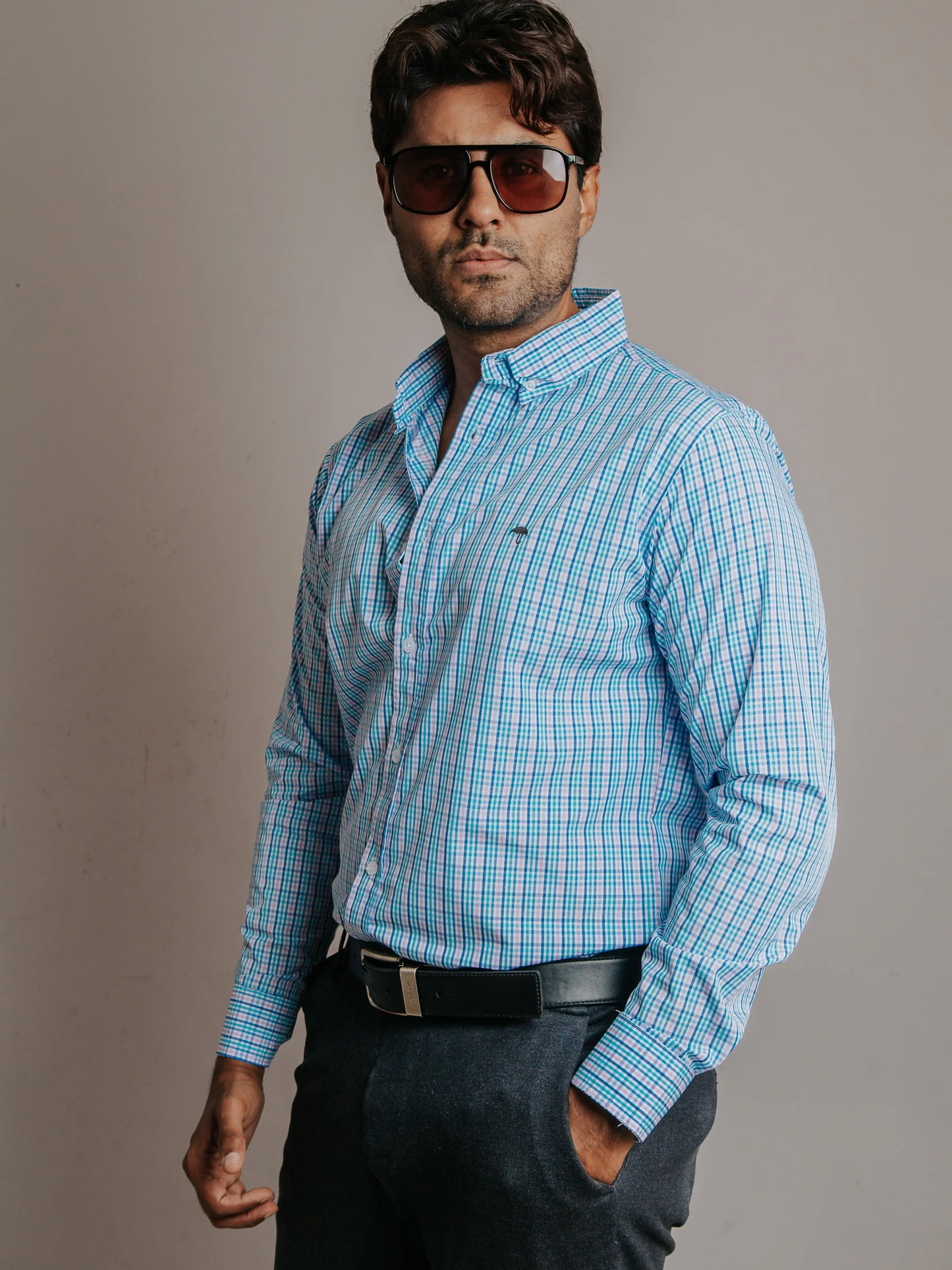 CAMISA HOMBRE SLIM FIT, MICROCUADRO ROSA TURQUESA Y AZUL