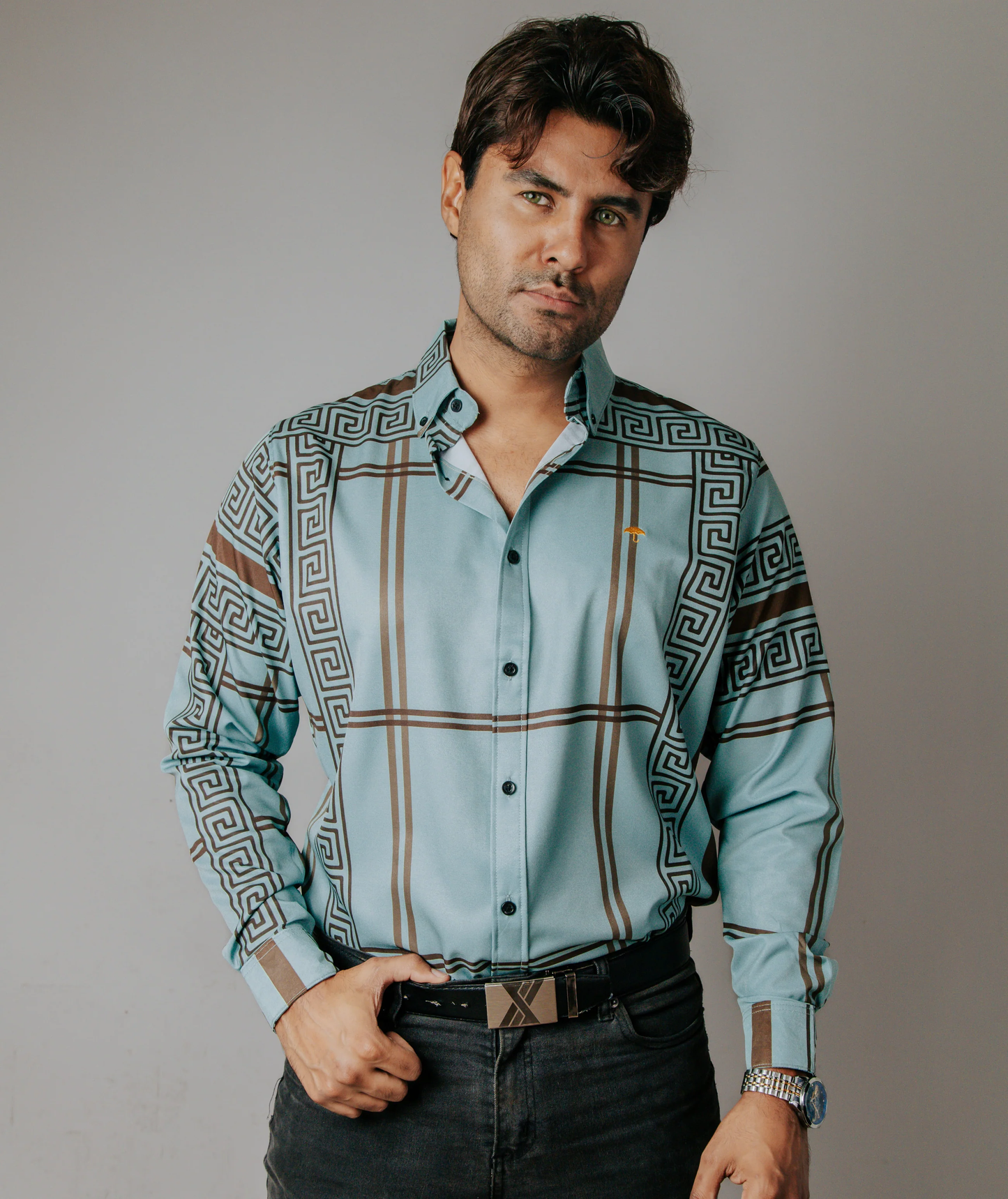 CAMISA HOMBRE SLIM FIT, VERDE PISTACHE GRECAS CAFÉ