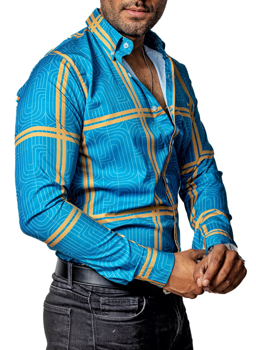 CAMISA CASUAL HOMBRE, AZUL LÍNEAS DORADAS Y BLANCAS