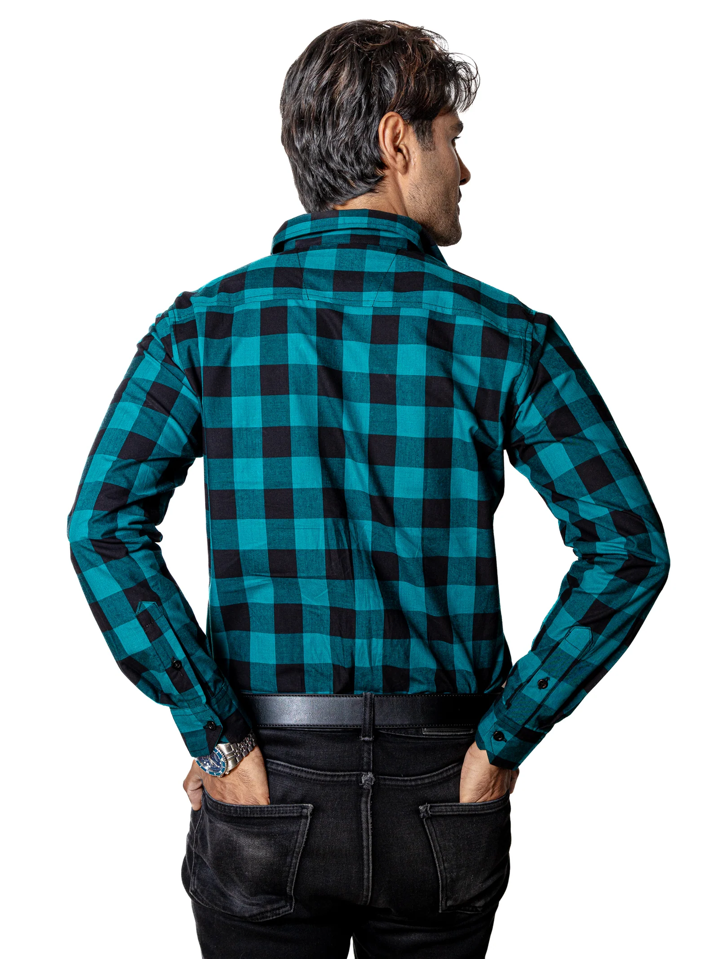 CAMISA CASUAL HOMBRE, CUADROS VERDE ESMERALDA Y NEGRO