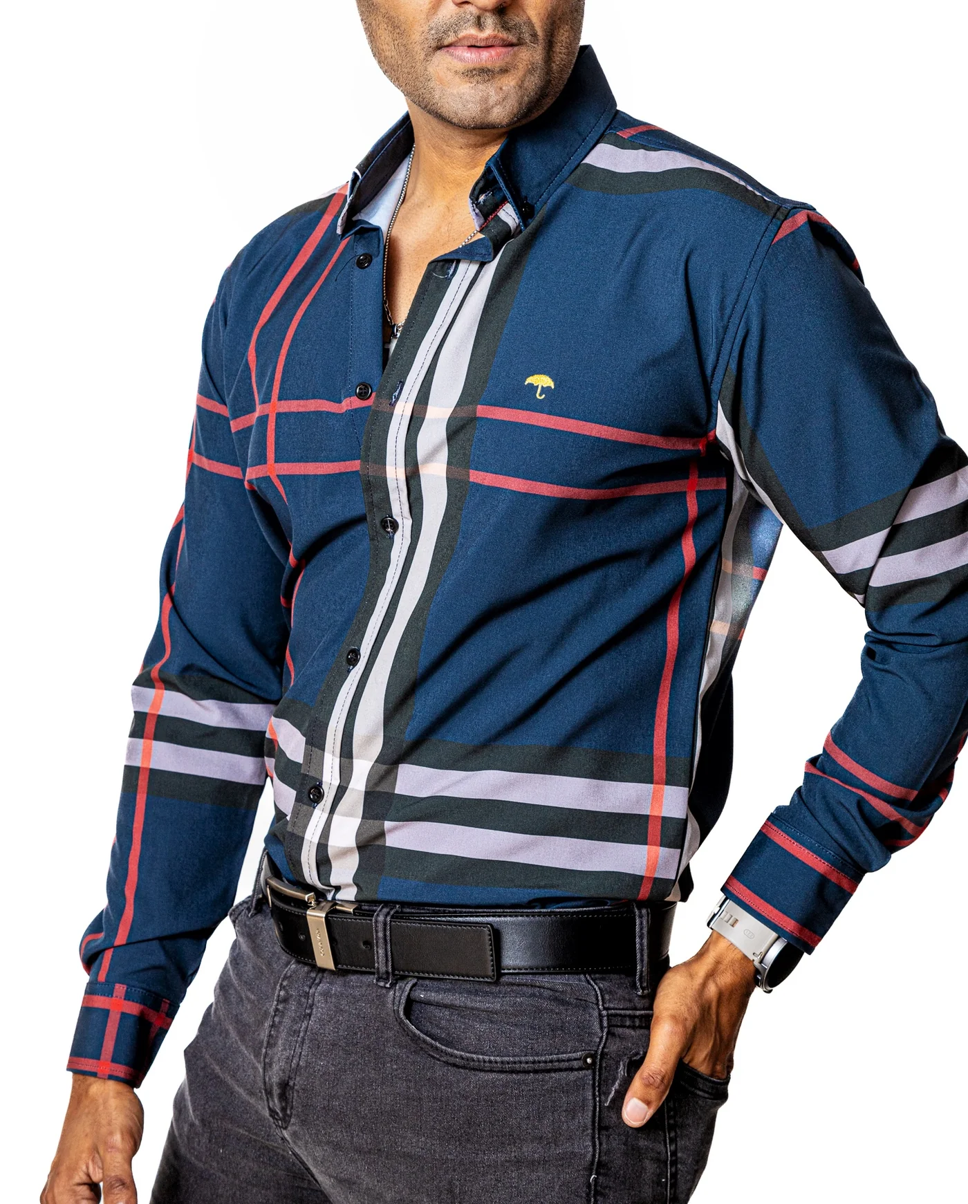 CAMISA CASUAL HOMBRE SLIM, AZUL LÍNEAS ROJA, NEGRA Y GRIS
