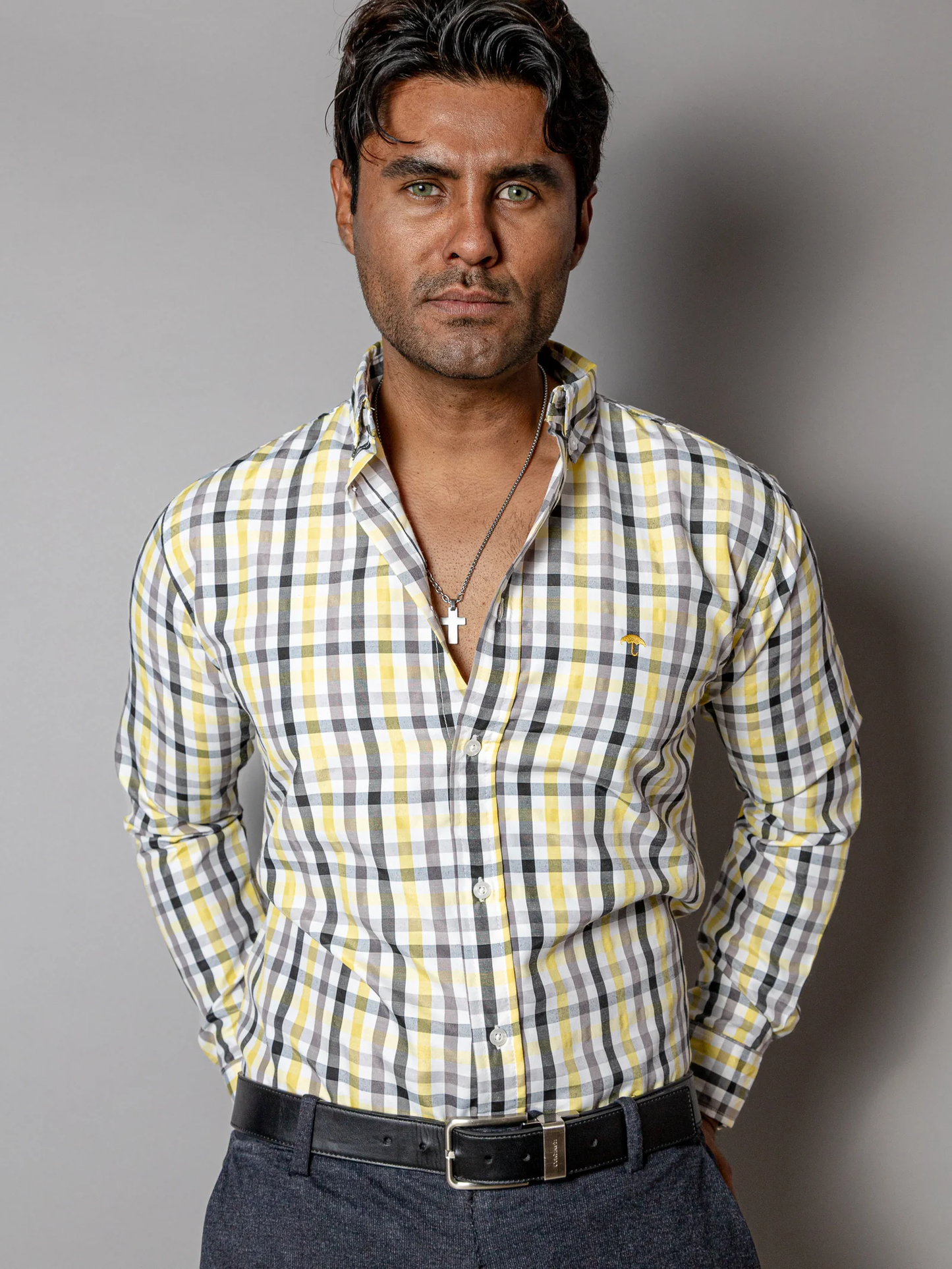 CAMISA SLIM FIT HOMBRE, CUADROS AMARILLO NEGRO Y GRIS