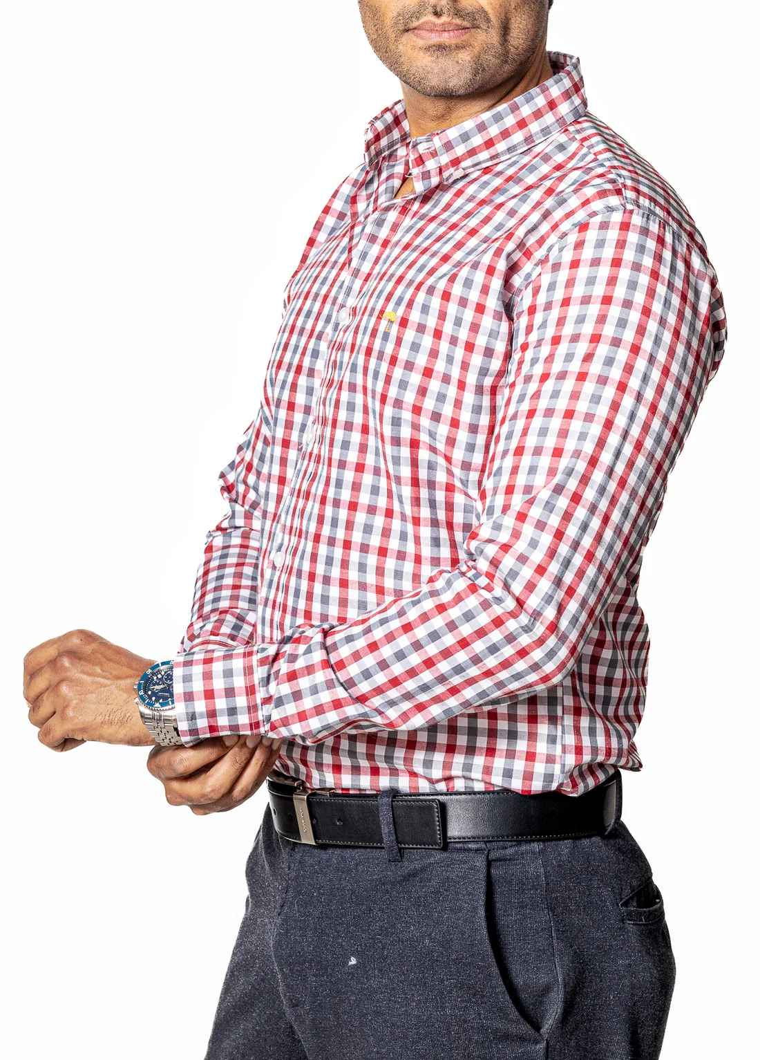 CAMISA CASUAL HOMBRE, CUADRO ROJO Y GRIS