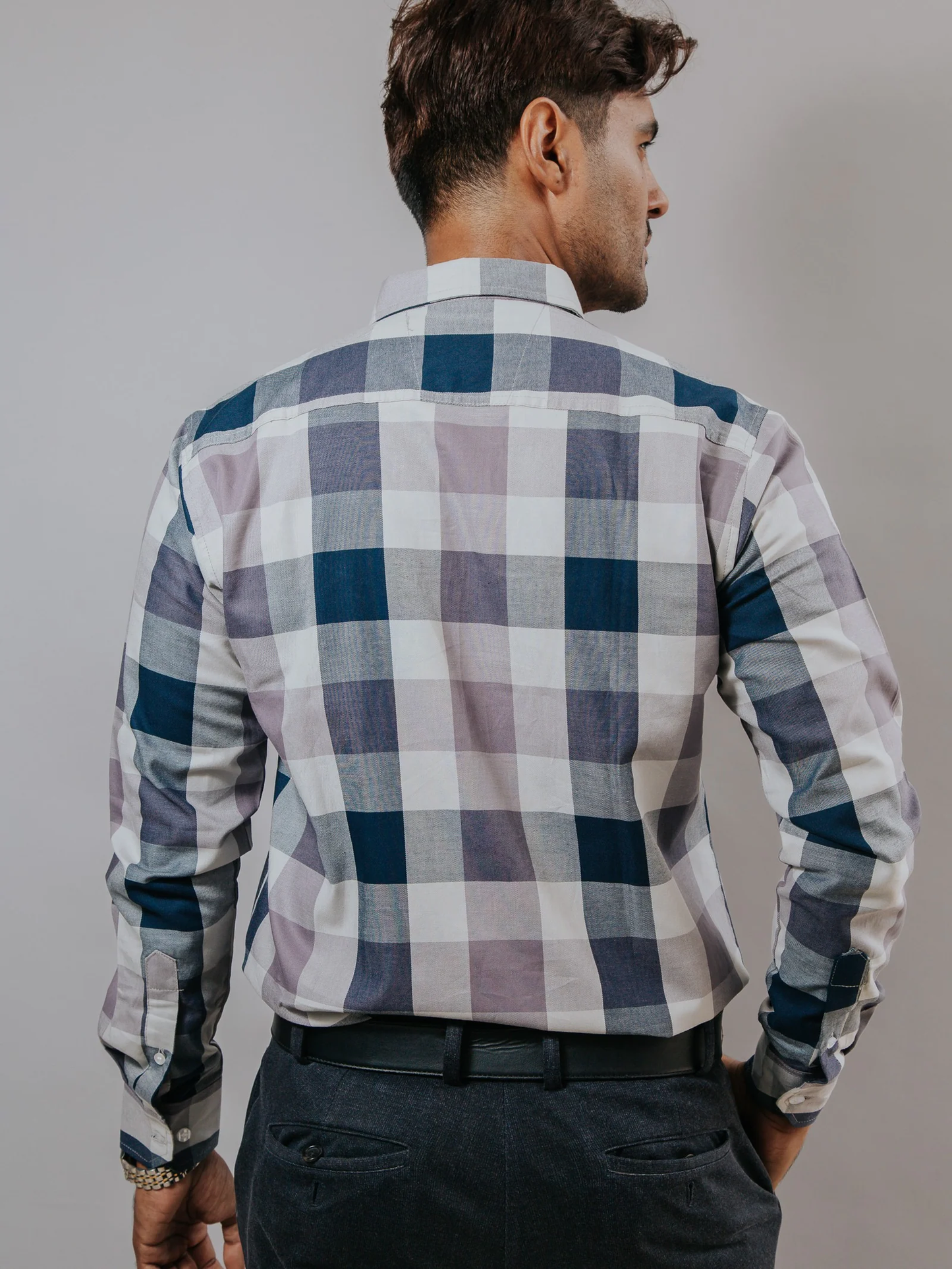 CAMISA HOMBRE SLIM FIT, CUADROS GRISES, MARINO, BLANCOS