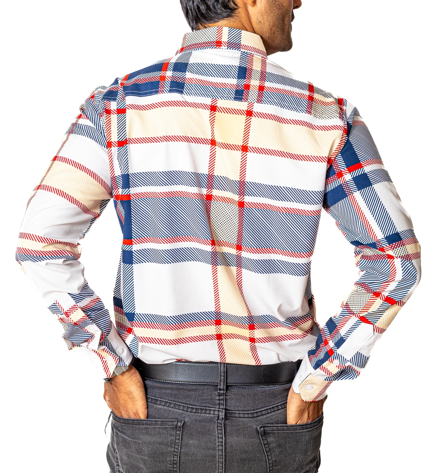 CAMISA HOMBRE SLIM FIT, HUESO LÍNEAS MORADO, ROJO, AMARILLO