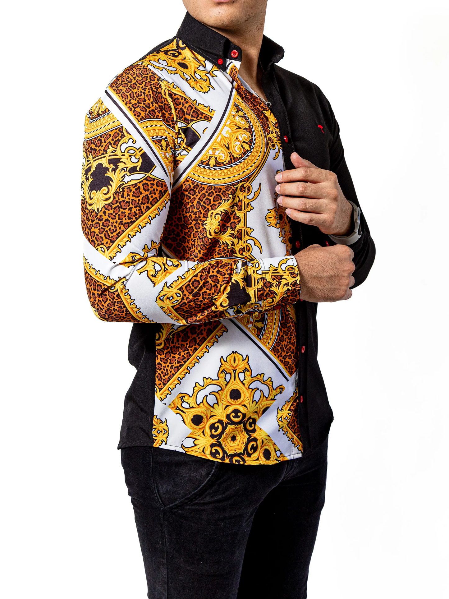 CAMISA HOMBRE SLIM FIT FIGURAS BARROCO DORADAS NEGRA