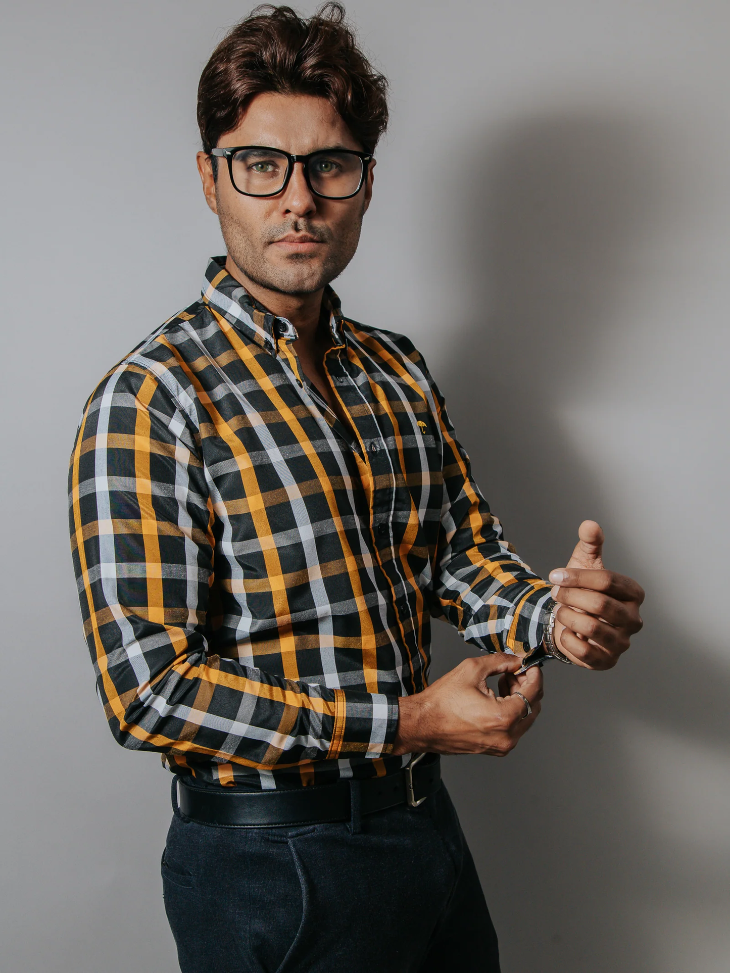 CAMISA HOMBRE SLIM FIT CUADROS BLANCO NARANJA NEGRO