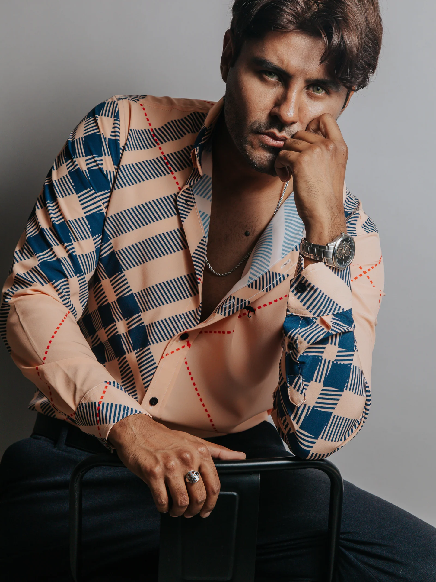 CAMISA HOMBRE SLIM FIT, MELON CUADRO AZUL MARINO LÍNEA ROJA