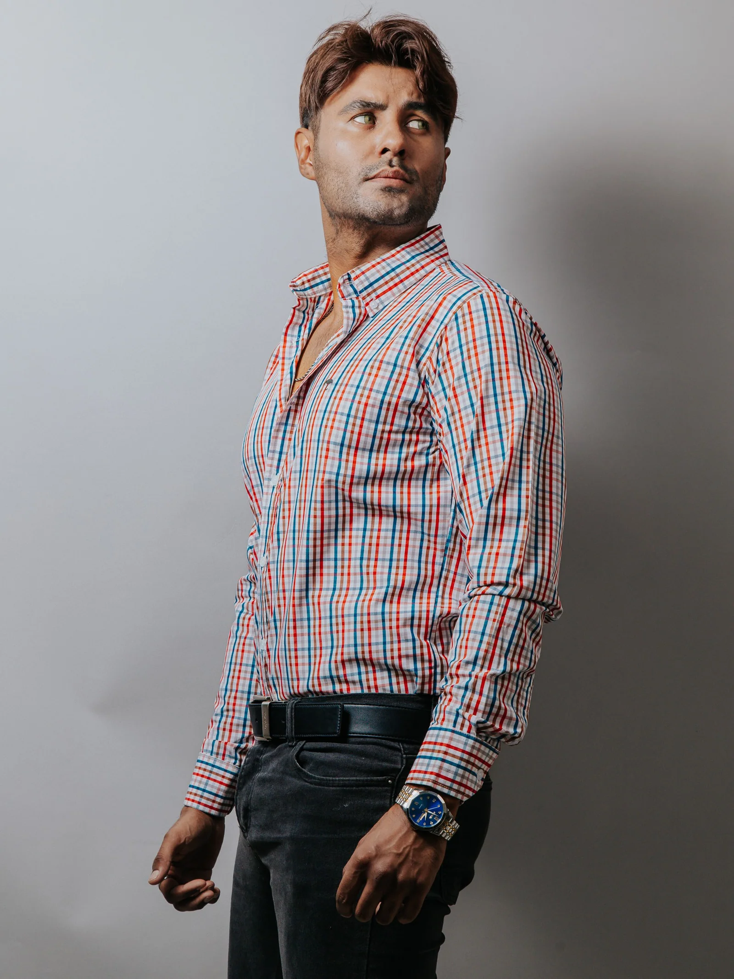 CAMISA HOMBRE SLIM FIT, CUADROS AZUL, MARRÓN, ROJOS, GRIS