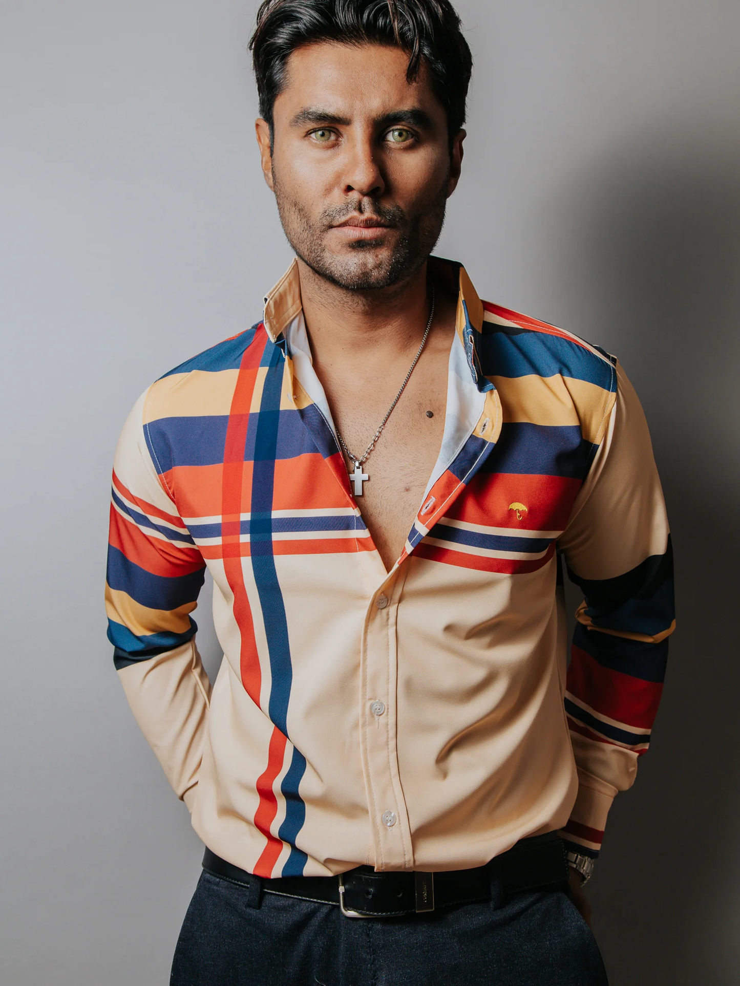 CAMISA CASUAL HOMBRE, MELÓN FRANJAS CAFE ROSA AMARILLO, AZUL