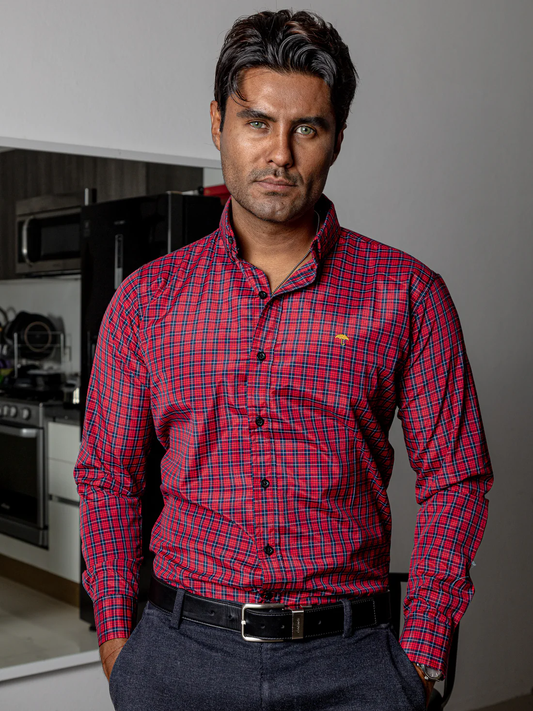 CAMISA CASUAL HOMBRE,ROJA MICROCUADRO AZUL MARINO