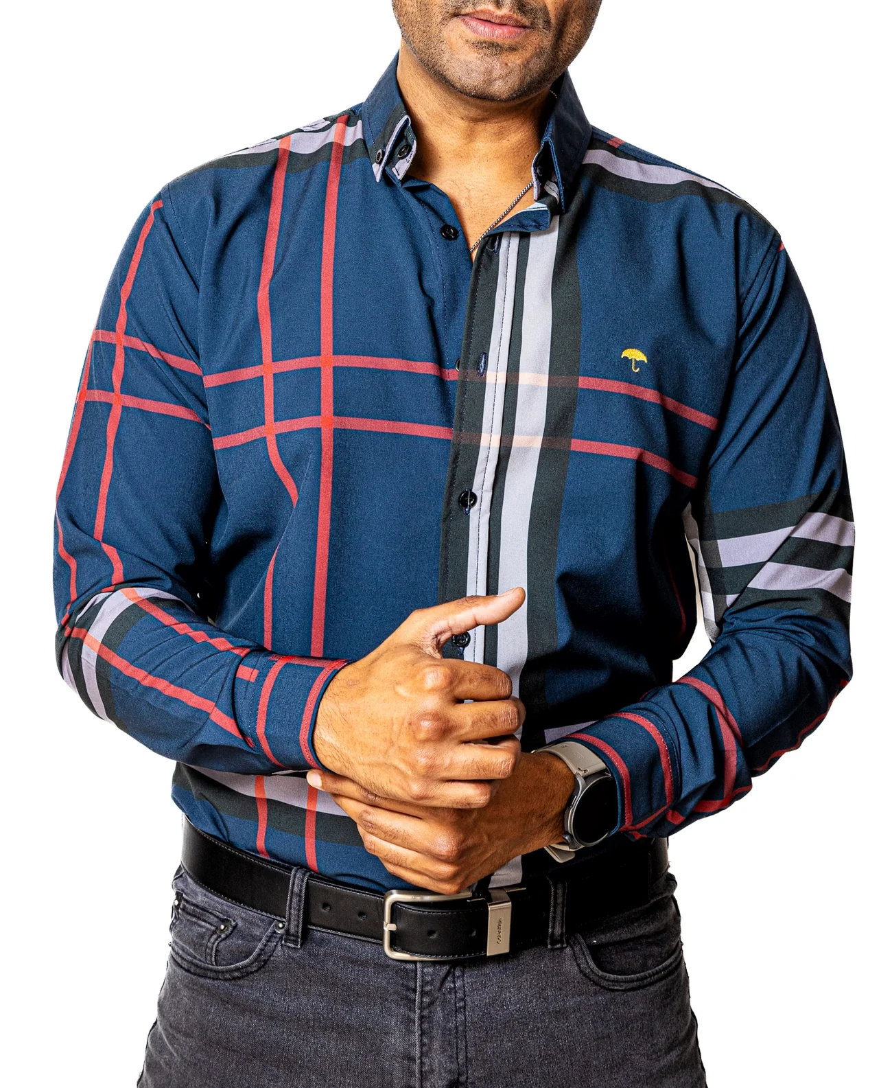 CAMISA CASUAL HOMBRE SLIM, AZUL LÍNEAS ROJA, NEGRA Y GRIS