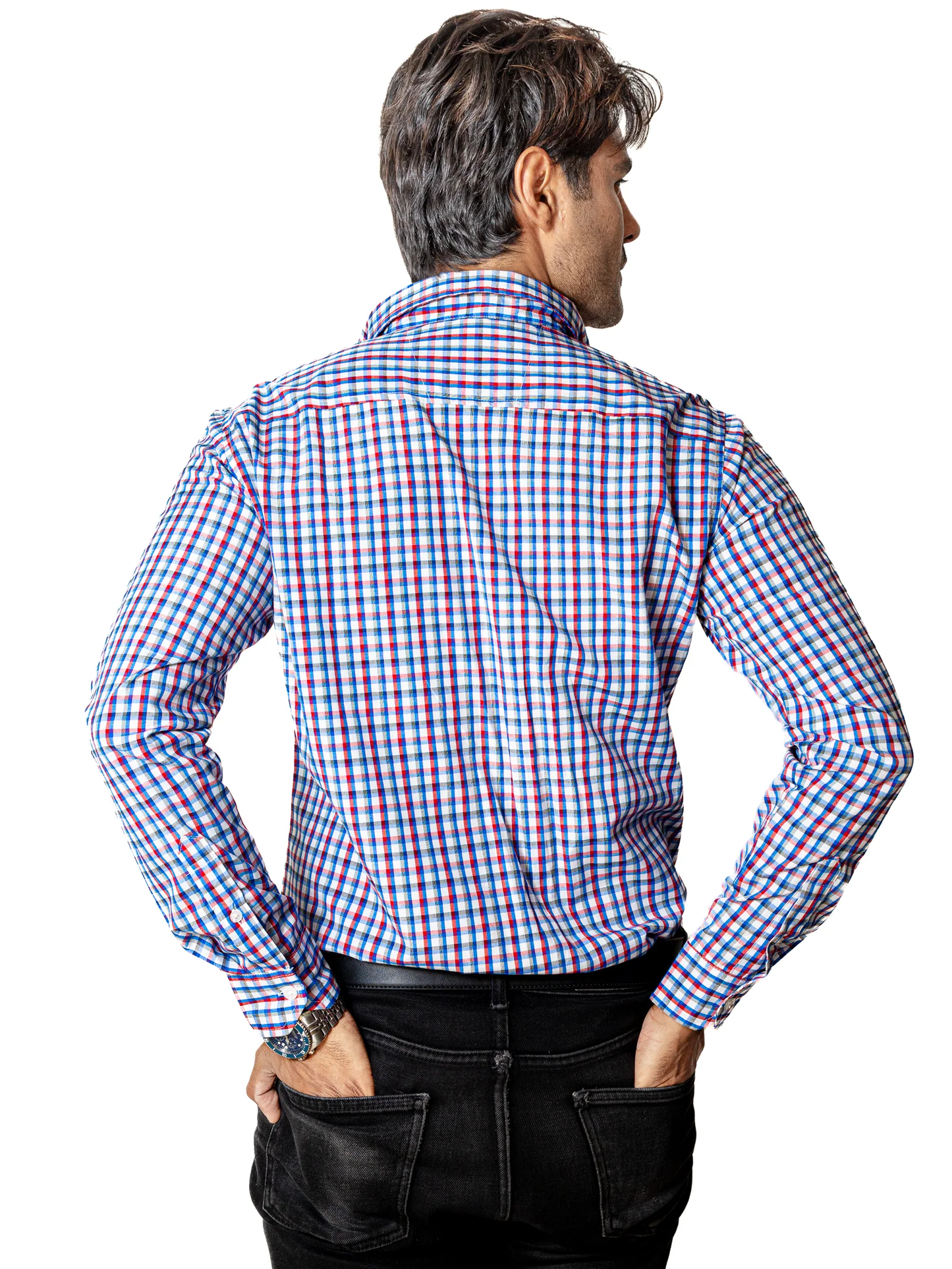 CAMISA CASUAL HOMBRE, CUADROS AZUL CIELO, ROJO Y GRIS