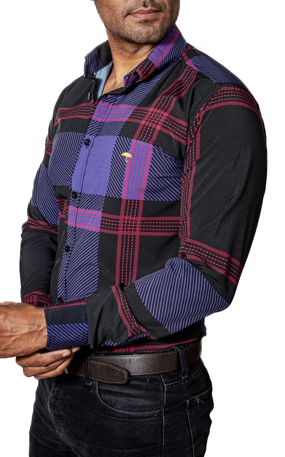 CAMISA HOMBRE CASUAL NEGRA RAYAS MORADA, ROJA