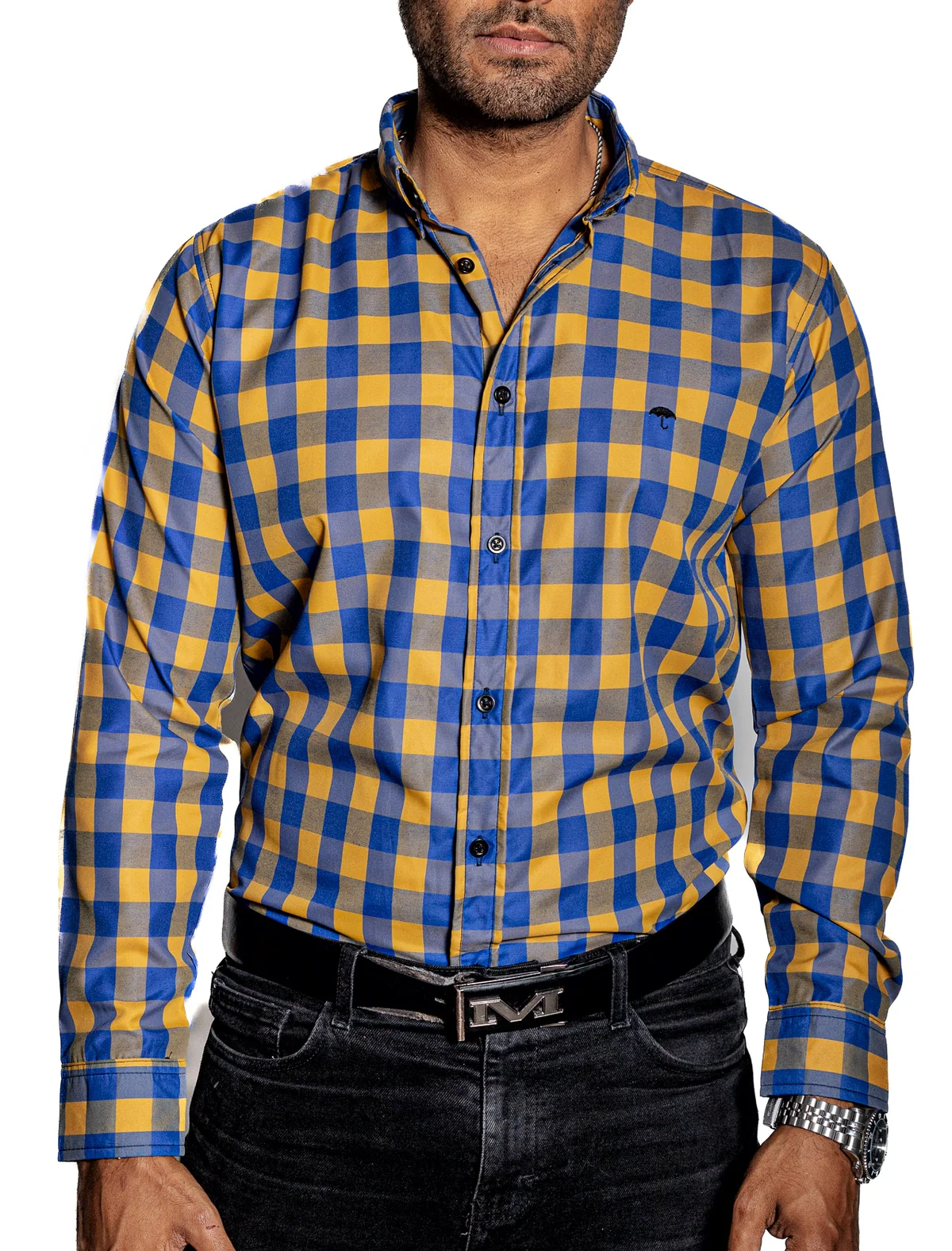 CAMISA HOMBRE CASUAL CUADROS AZUL, ORO