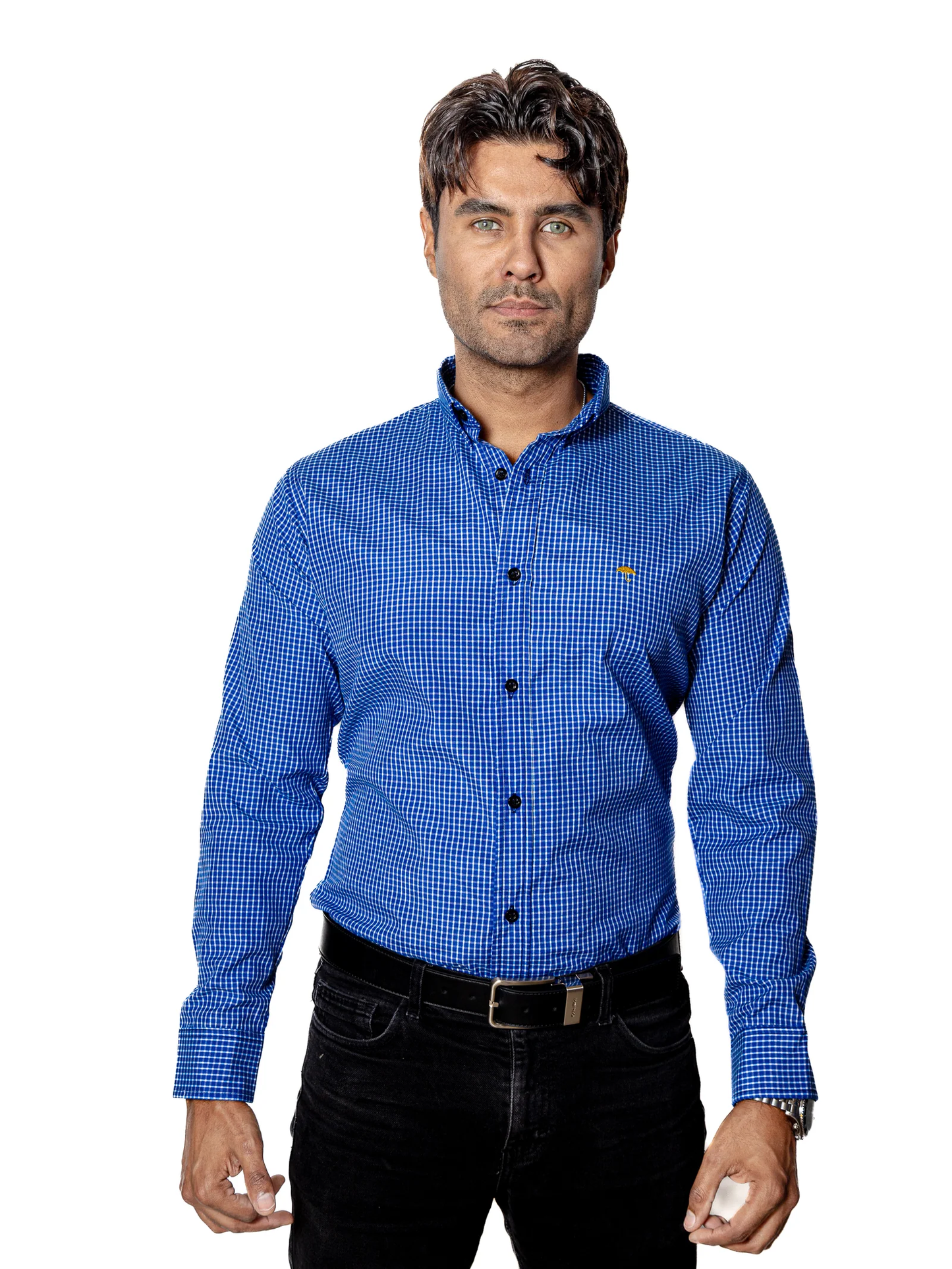 CAMISA CASUAL HOMBRE ,MICRO CUADRO AZUL REY