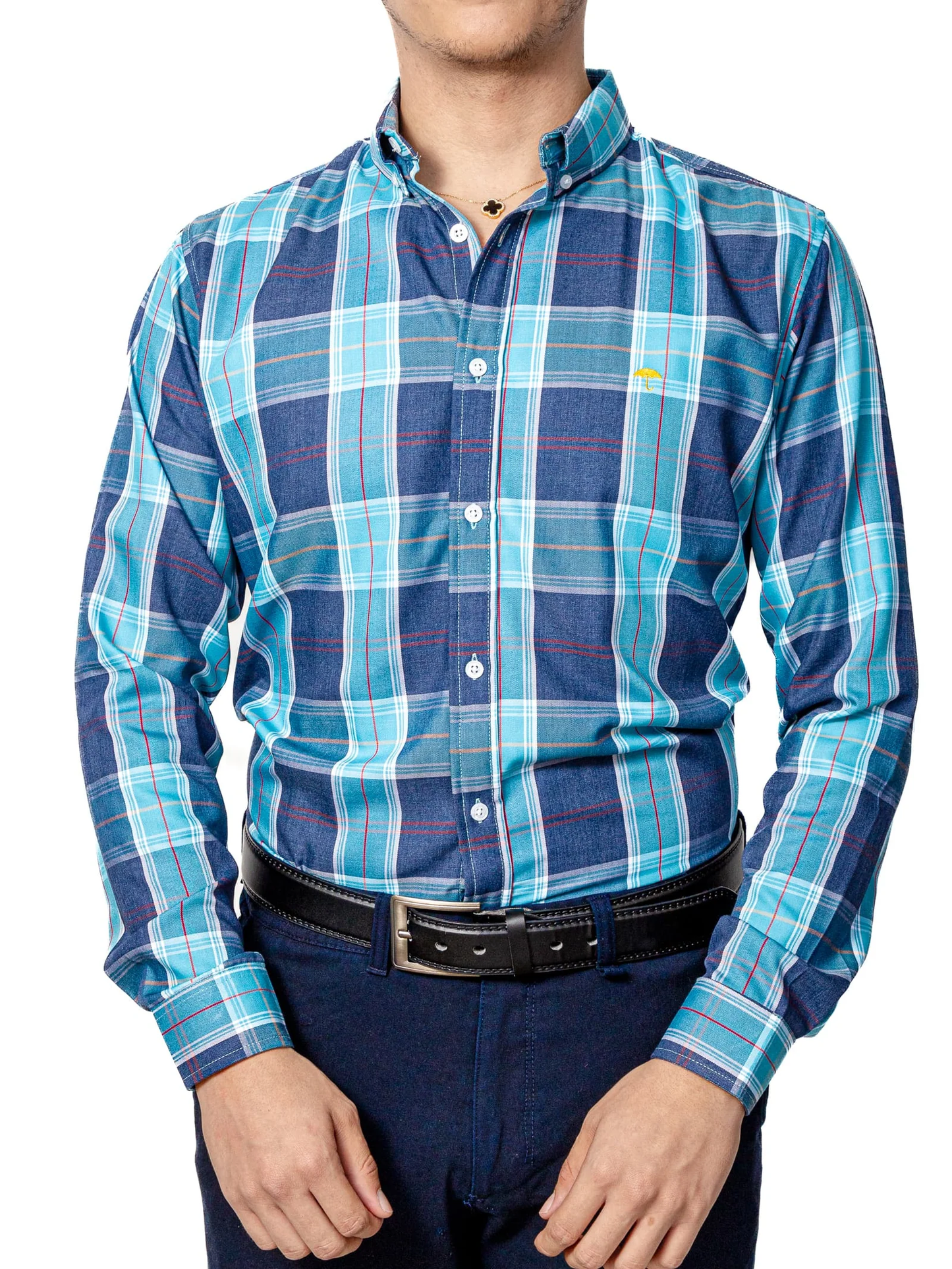 CAMISA CASUAL HOMBRE,CUADROS AZUL TURQUESA LINEA ROJA