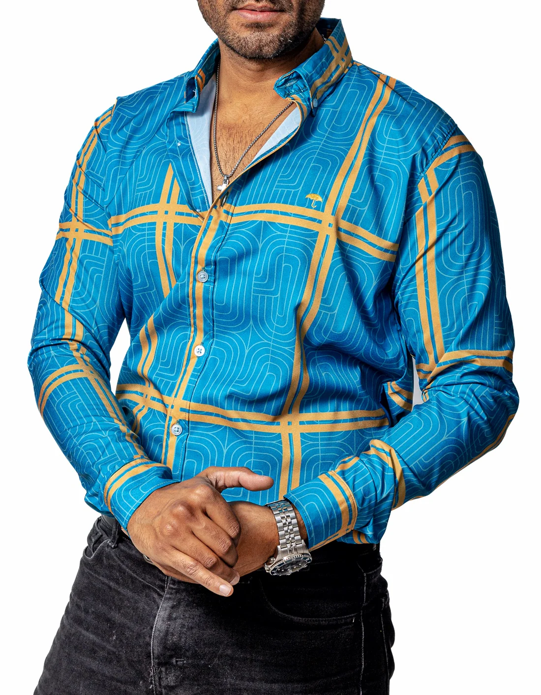 CAMISA CASUAL HOMBRE, AZUL LÍNEAS DORADAS Y BLANCAS