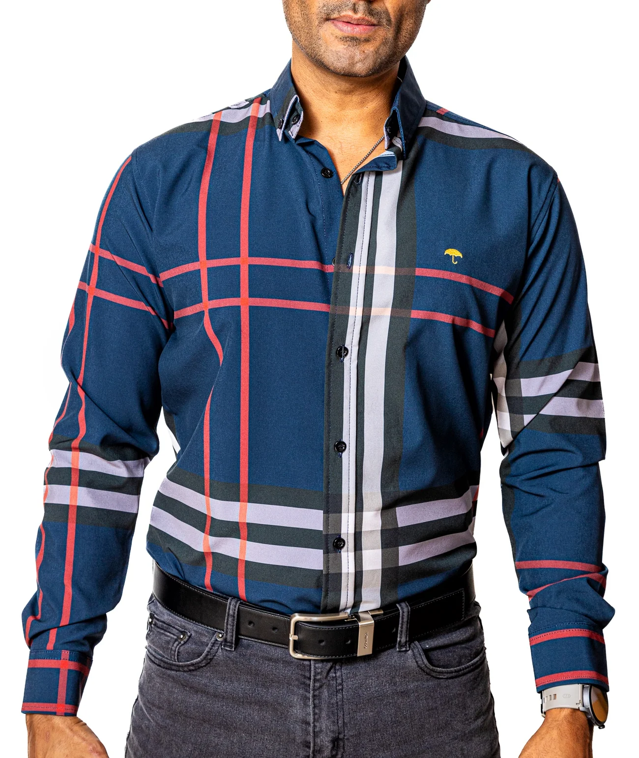 CAMISA CASUAL HOMBRE SLIM, AZUL LÍNEAS ROJA, NEGRA Y GRIS