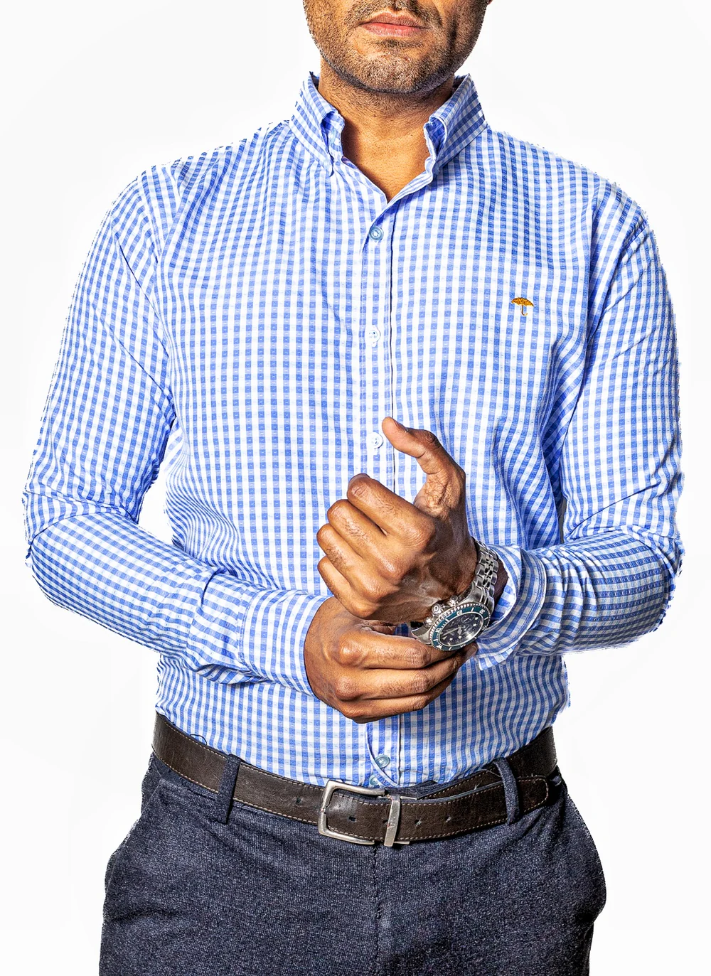CAMISA HOMBRE CASUAL MINI CUADROS AZUL CLARO, BLANCOS