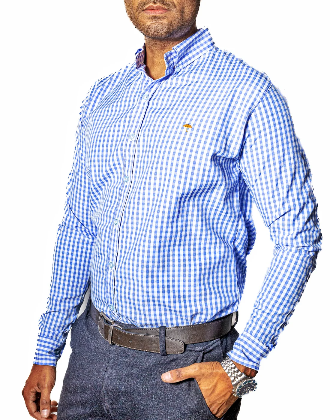 CAMISA HOMBRE CASUAL MINI CUADROS AZUL CLARO, BLANCOS