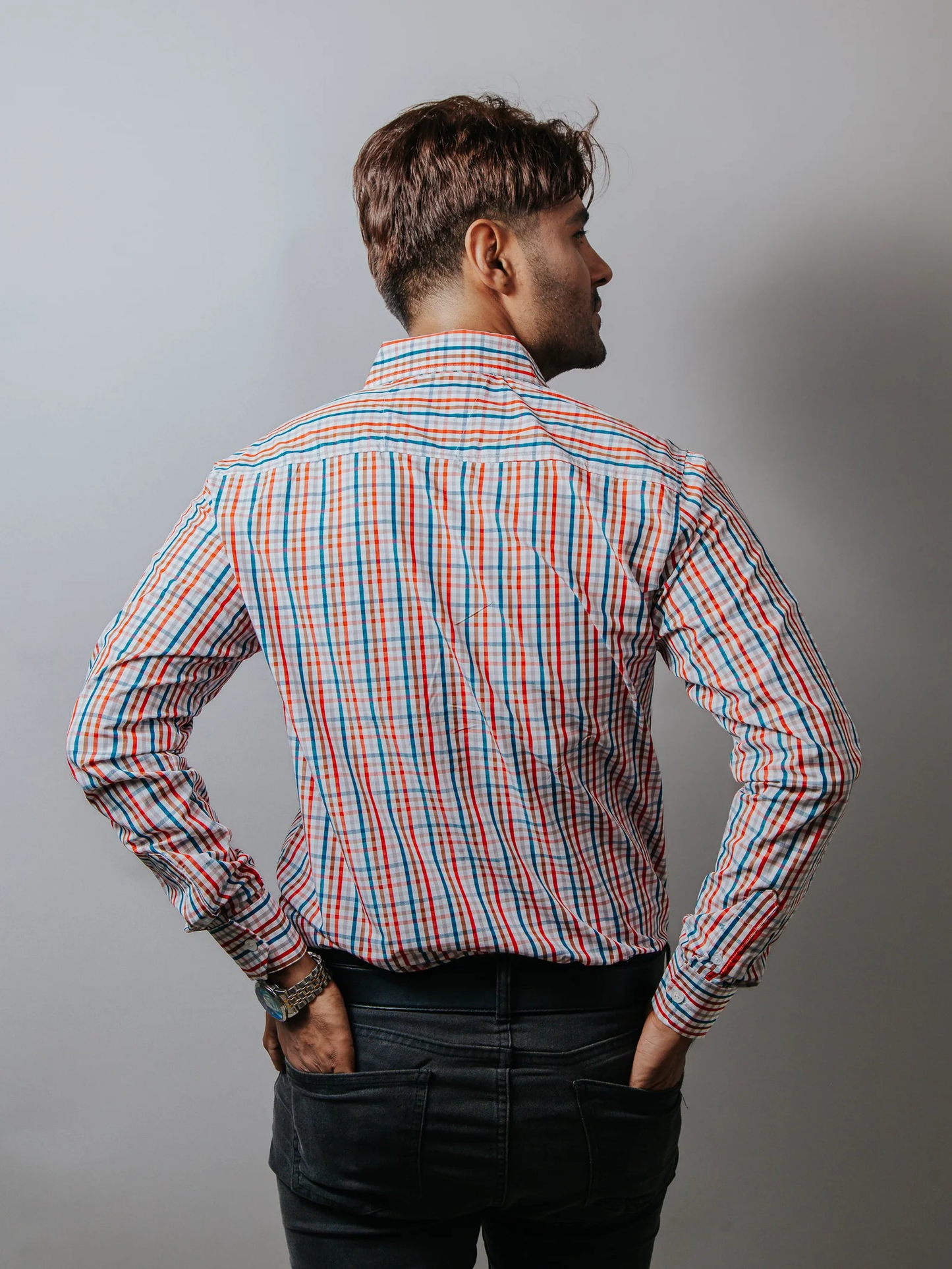 CAMISA HOMBRE SLIM FIT, CUADROS AZUL, MARRÓN, ROJOS, GRIS