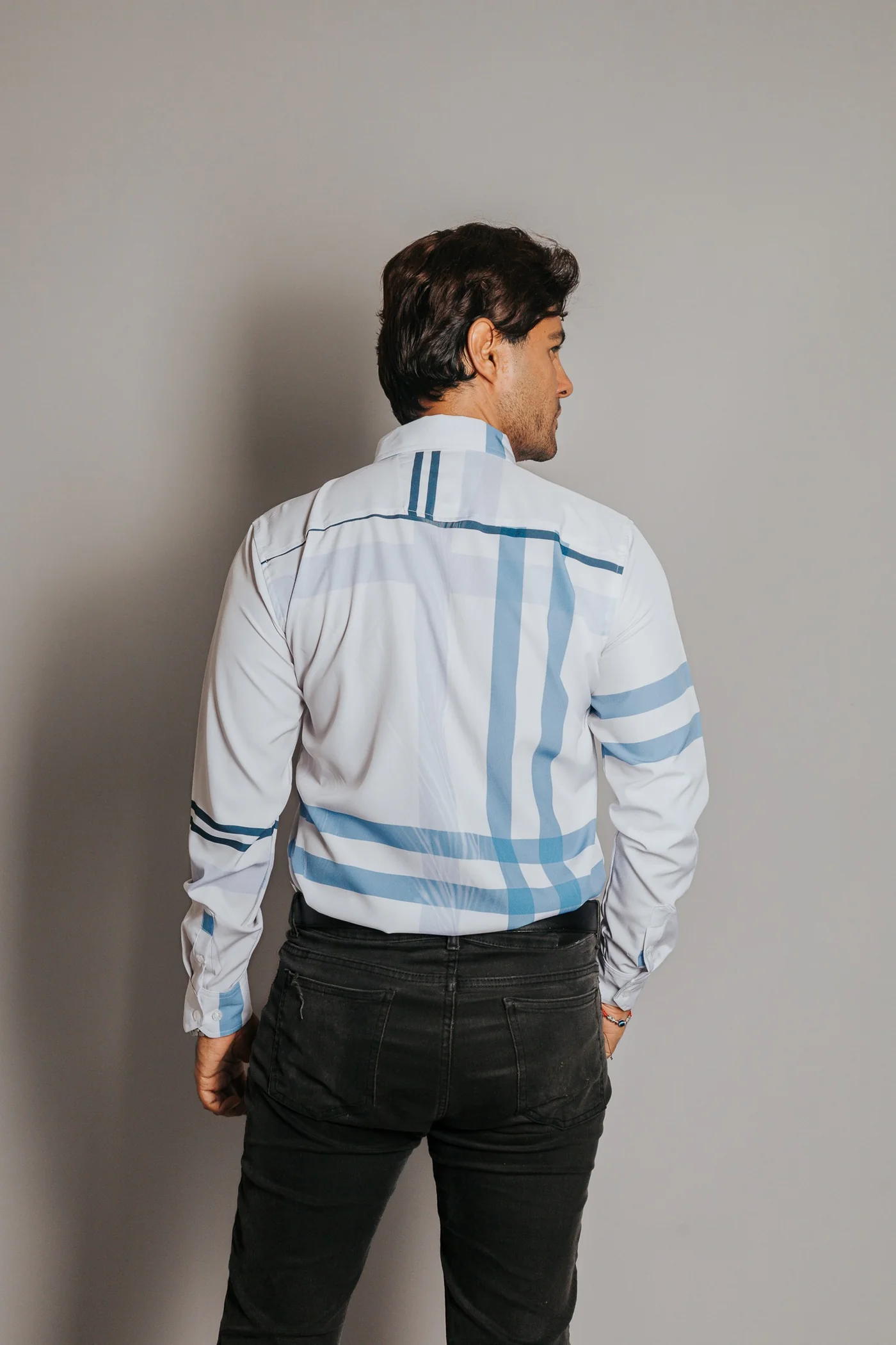 CAMISA HOMBRE SLIM FIT, FRANJAS AZULES Y LILA