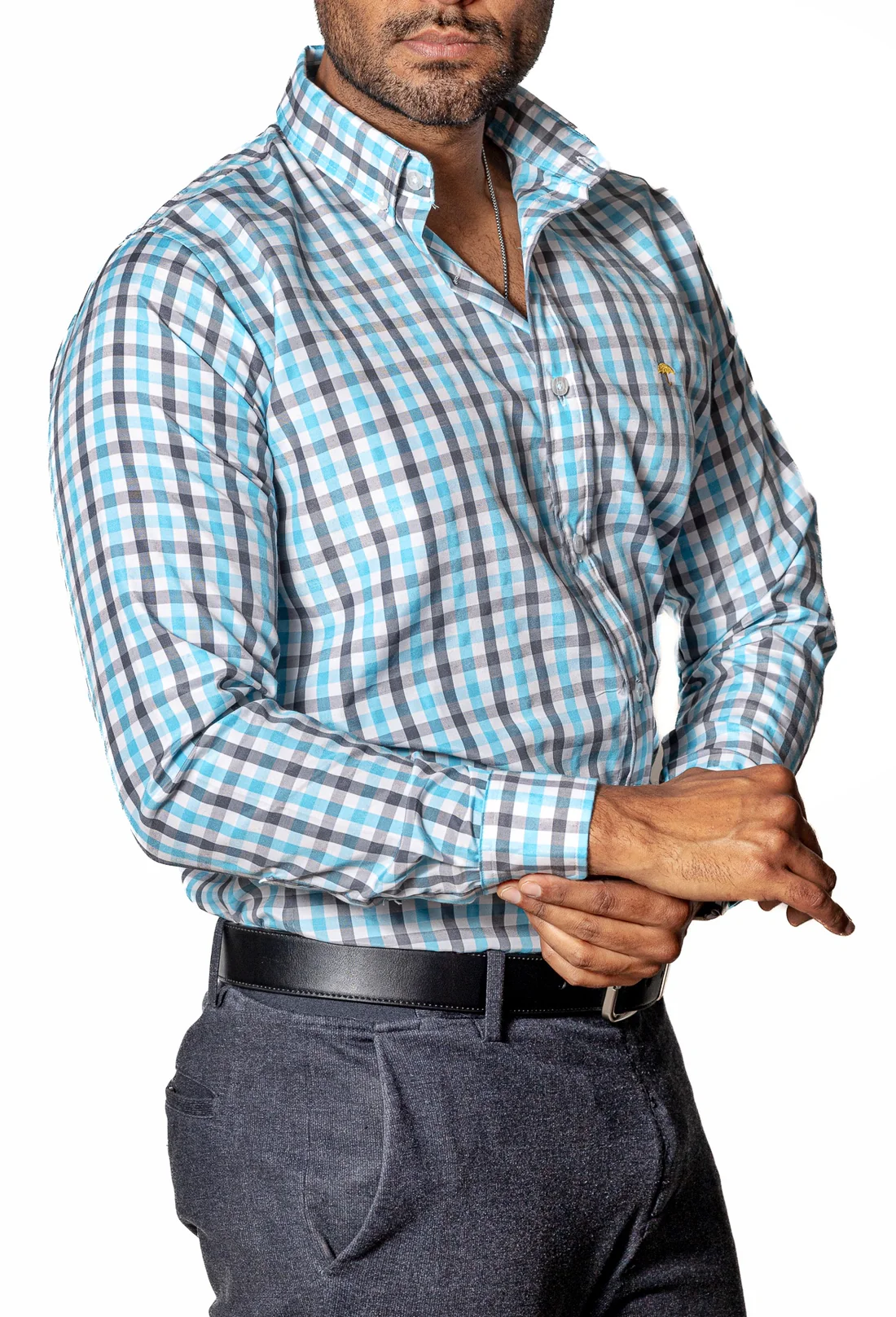 CAMISA CASUAL HOMBRE ,CUADRO AZUL CIELO Y GRIS