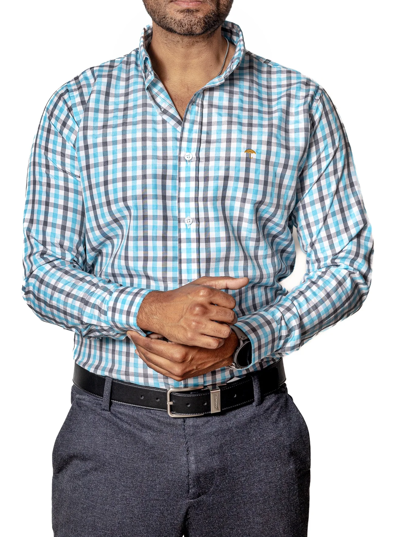 CAMISA CASUAL HOMBRE ,CUADRO AZUL CIELO Y GRIS