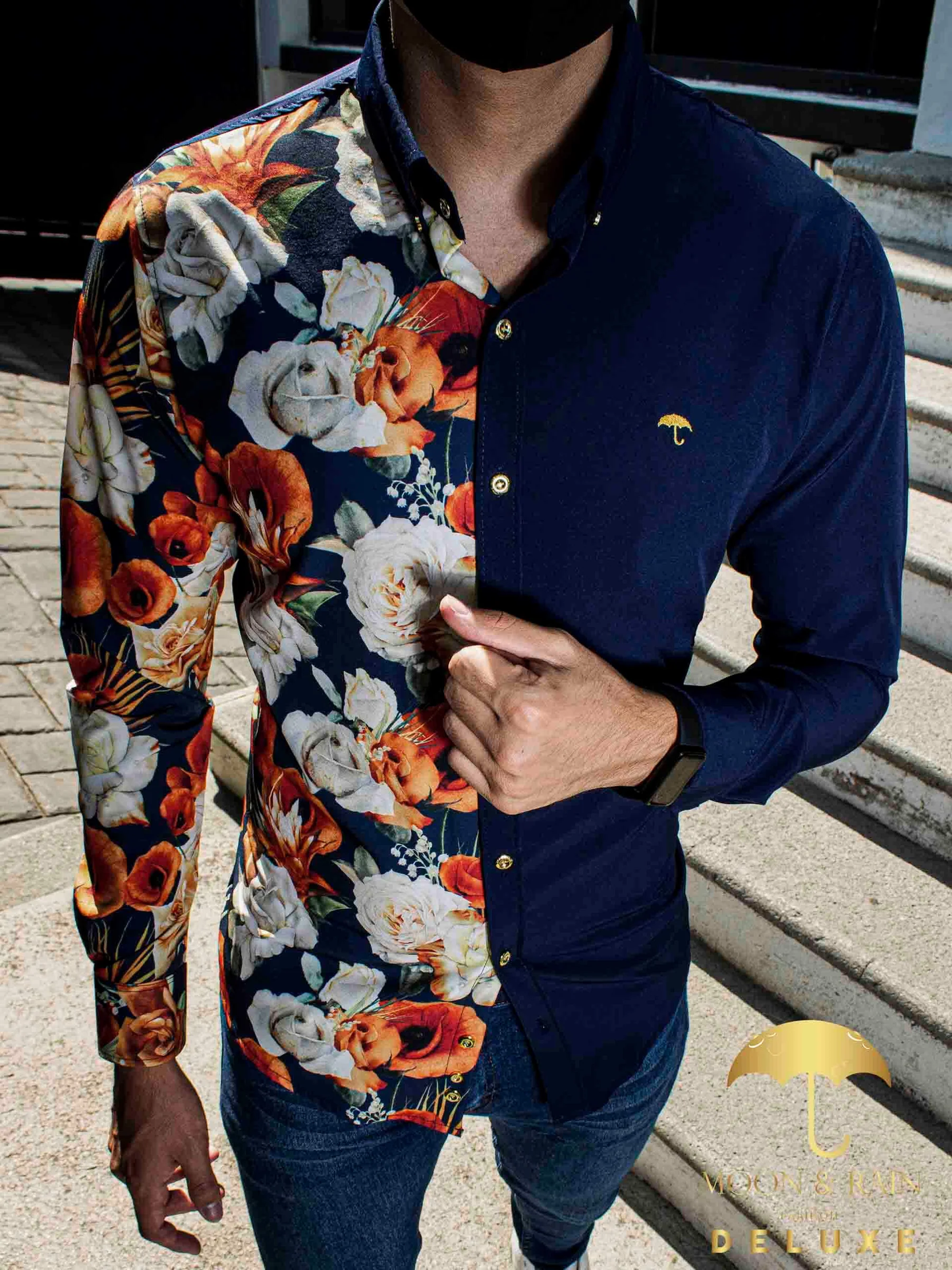 CAMISA HOMBRE CASUAL FLORES NARANJAS, BLANCAS - AZUL MARINO
