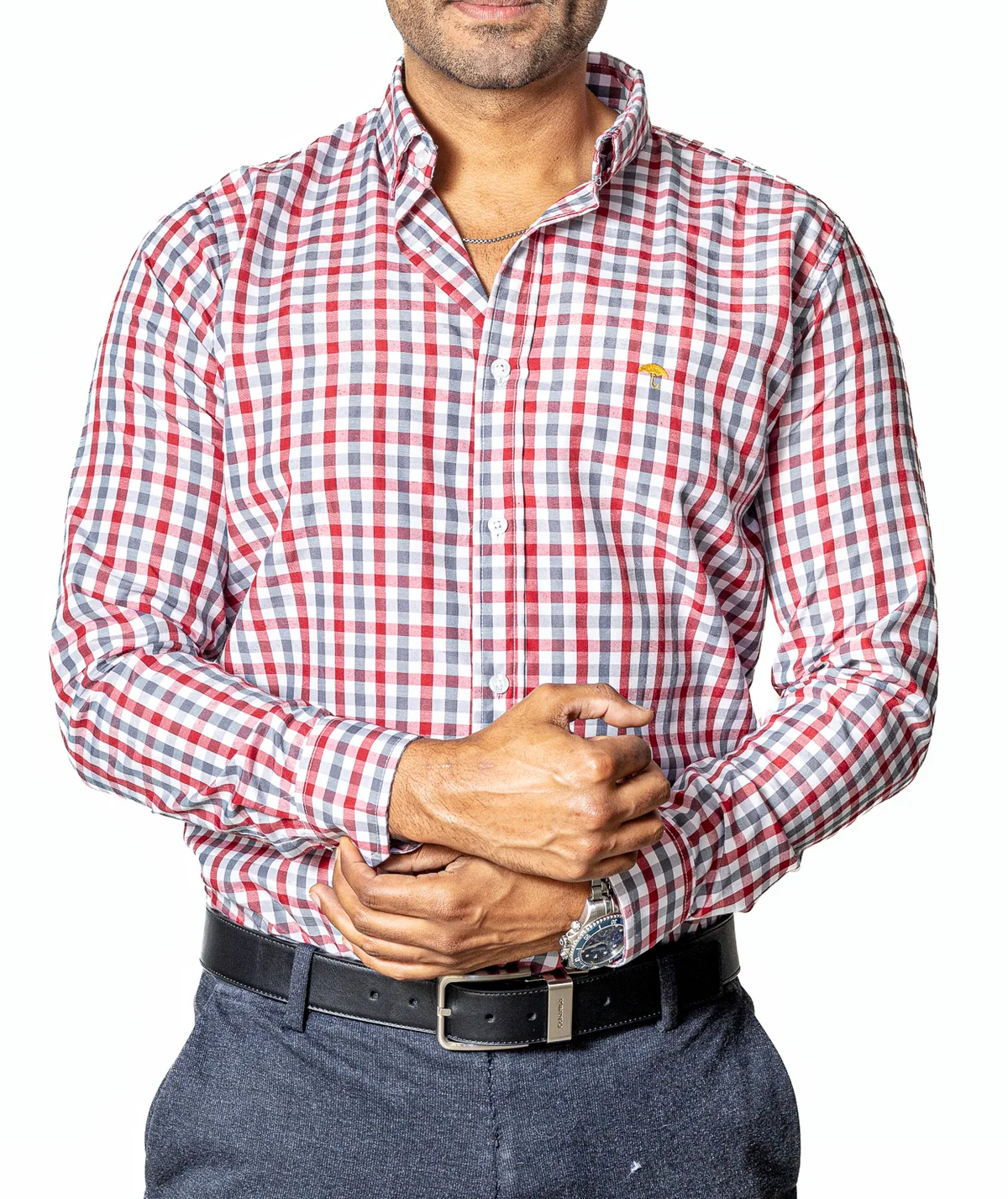 CAMISA CASUAL HOMBRE, CUADRO ROJO Y GRIS