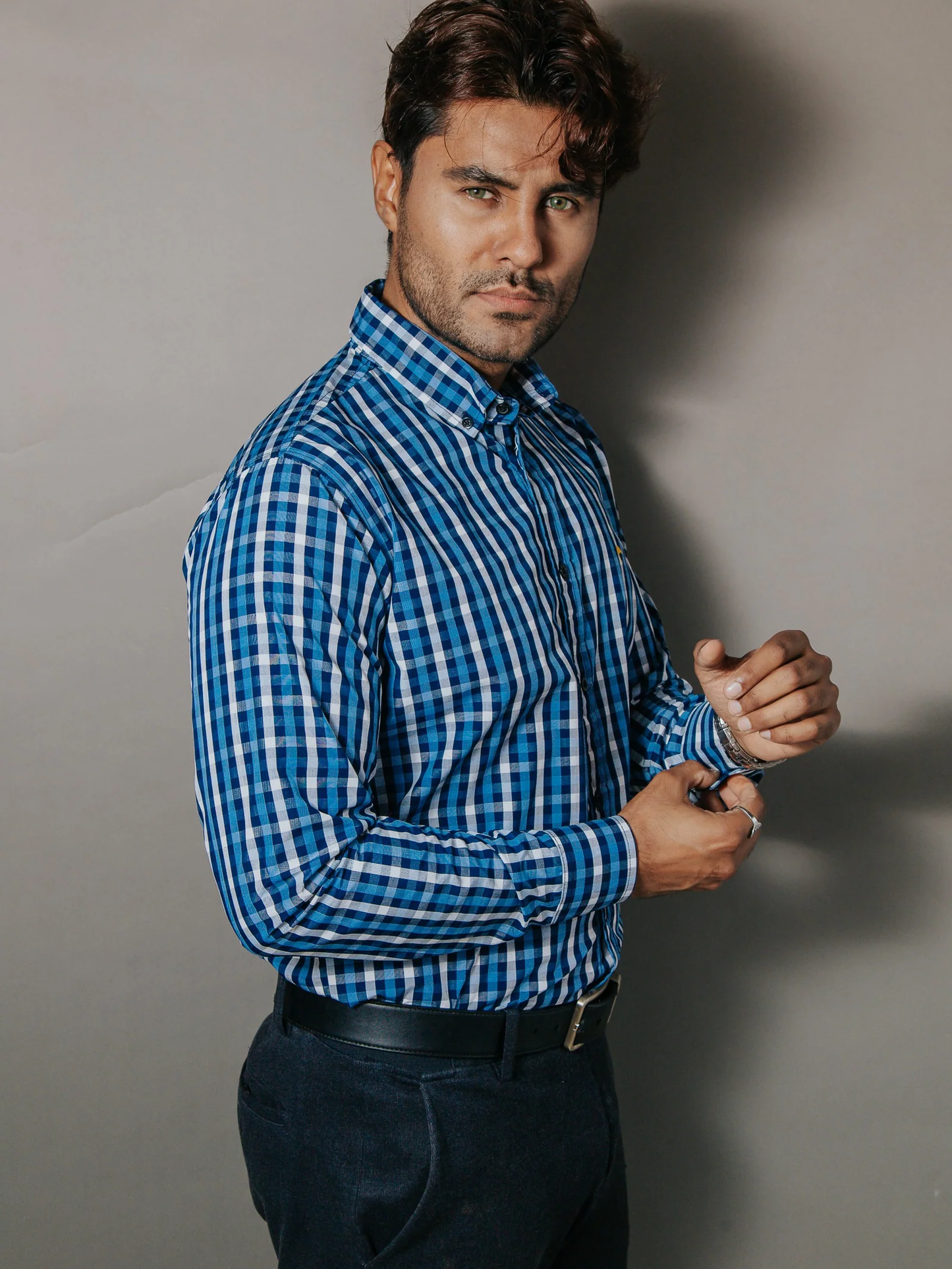 CAMISA HOMBRE SLIM FIT CUADROS AZUL Y GRIS