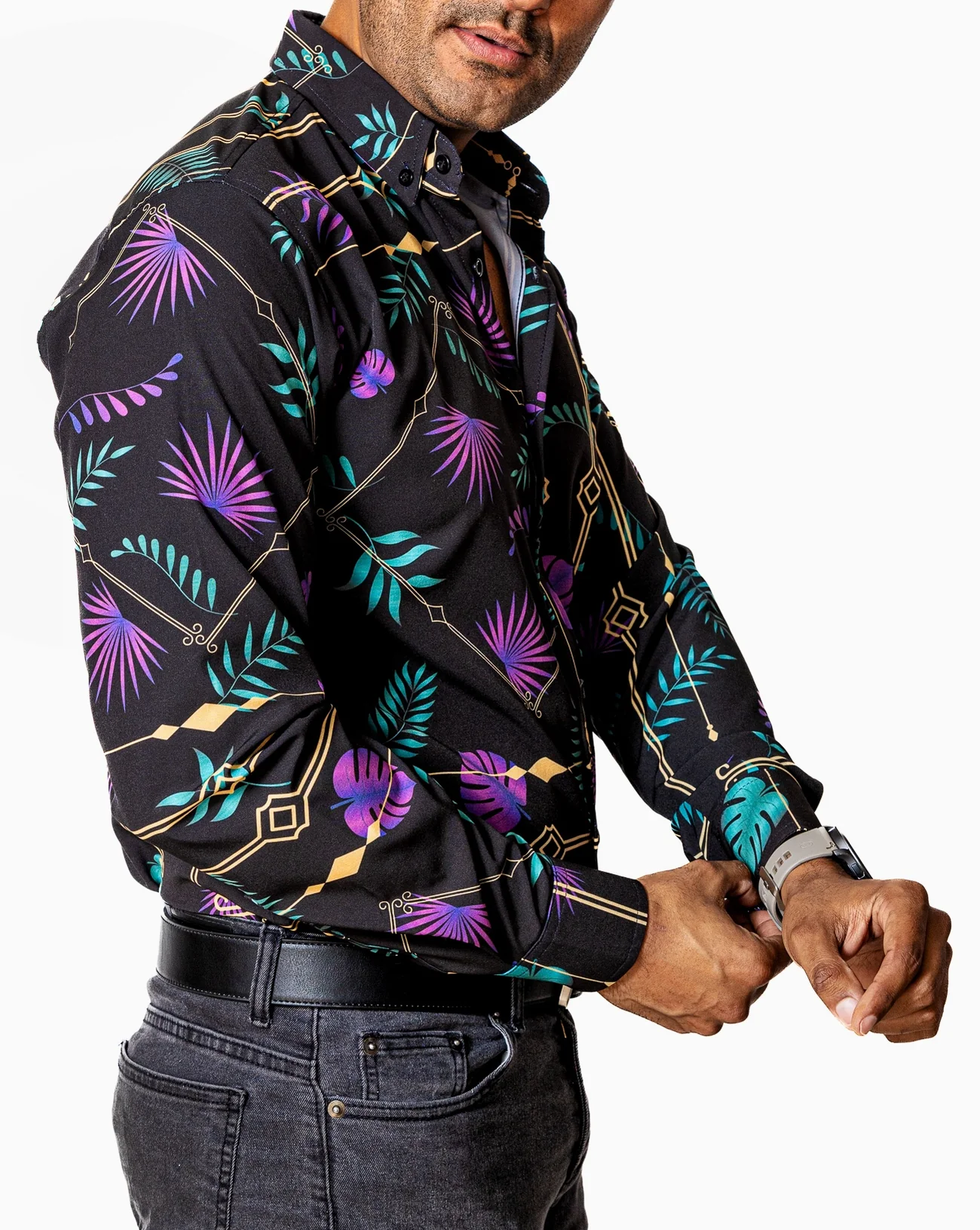 CAMISA CASUAL HOMBRE SLIM, NEGRA HOJAS MORADAS,VERDES