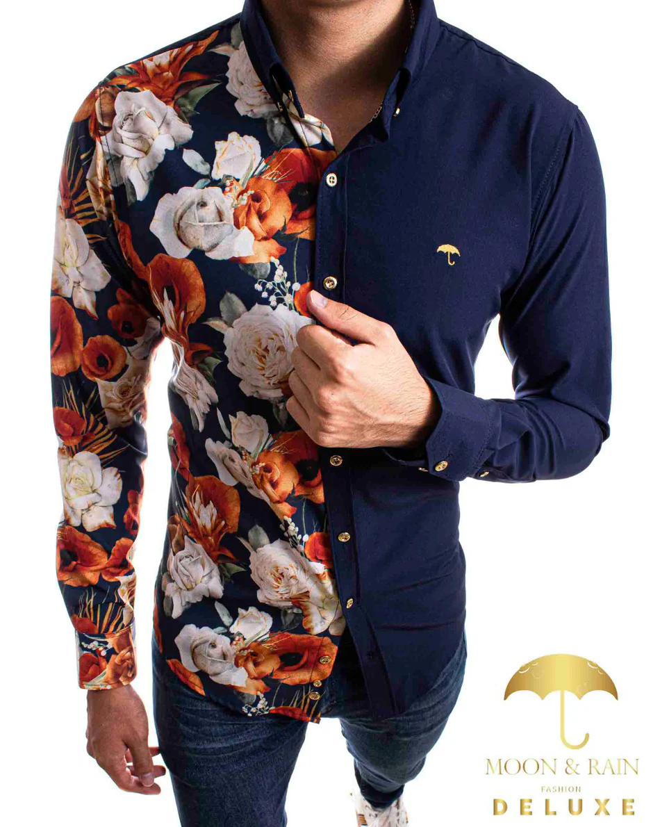CAMISA HOMBRE CASUAL FLORES NARANJAS, BLANCAS - AZUL MARINO
