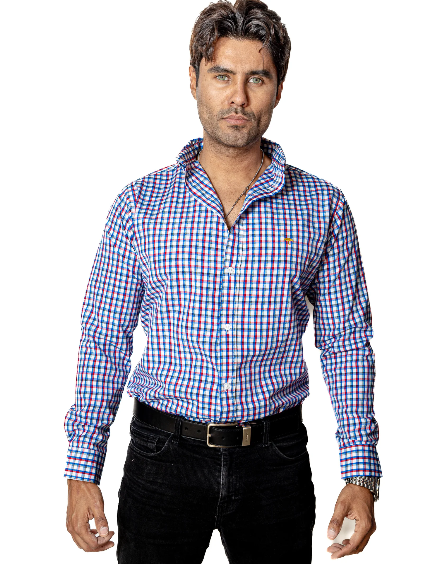 CAMISA CASUAL HOMBRE, CUADROS AZUL CIELO, ROJO Y GRIS