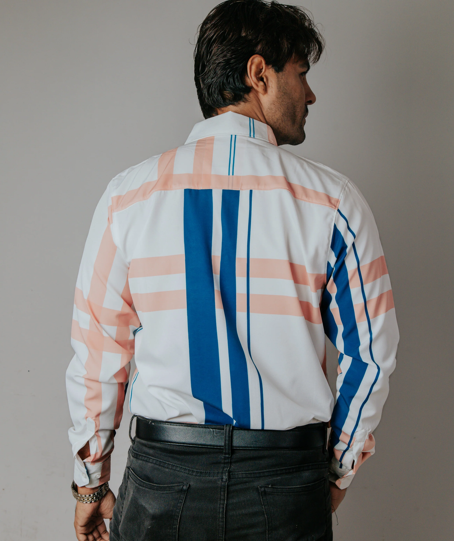 CAMISA HOMBRE SLIM FIT, BLANCO FRANJAS AZUL Y MELÓN