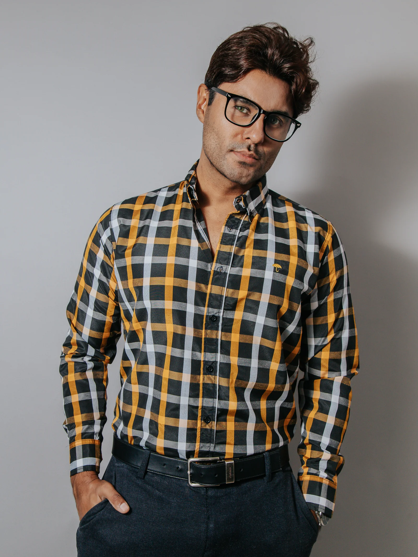CAMISA HOMBRE SLIM FIT CUADROS BLANCO NARANJA NEGRO
