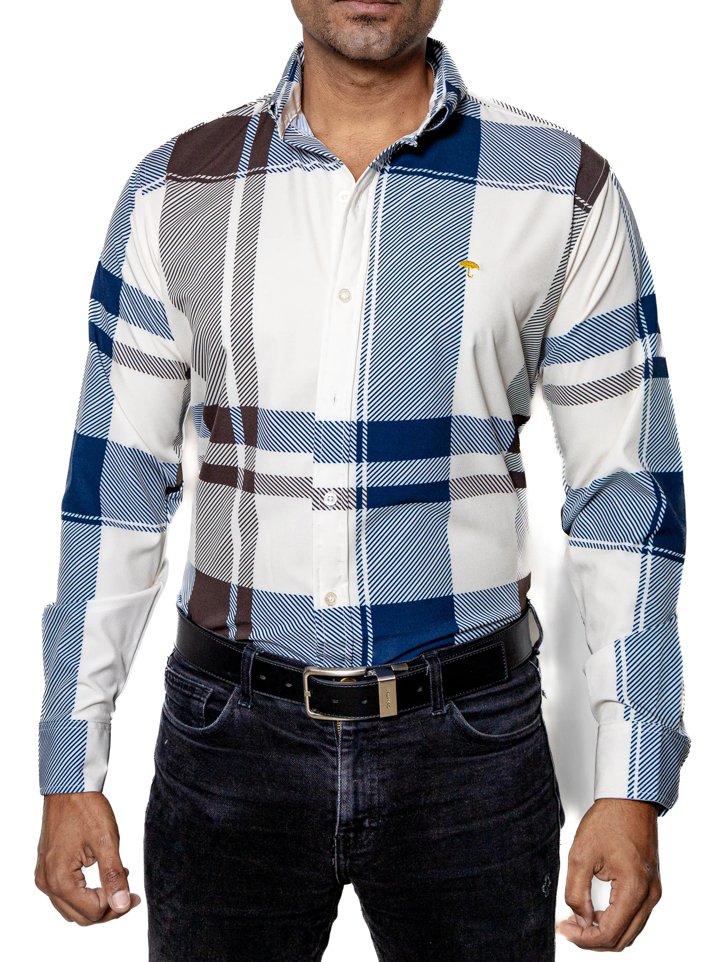 CAMISA HOMBRE CASUAL CUADROS BLANCOS, AZUL, MARRÓN