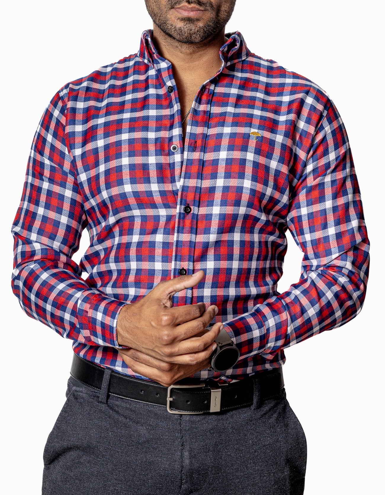 CAMISA CASUAL HOMBRE, CUADRO AZUL MARINO, ROJO, BLANCO TEXTURA
