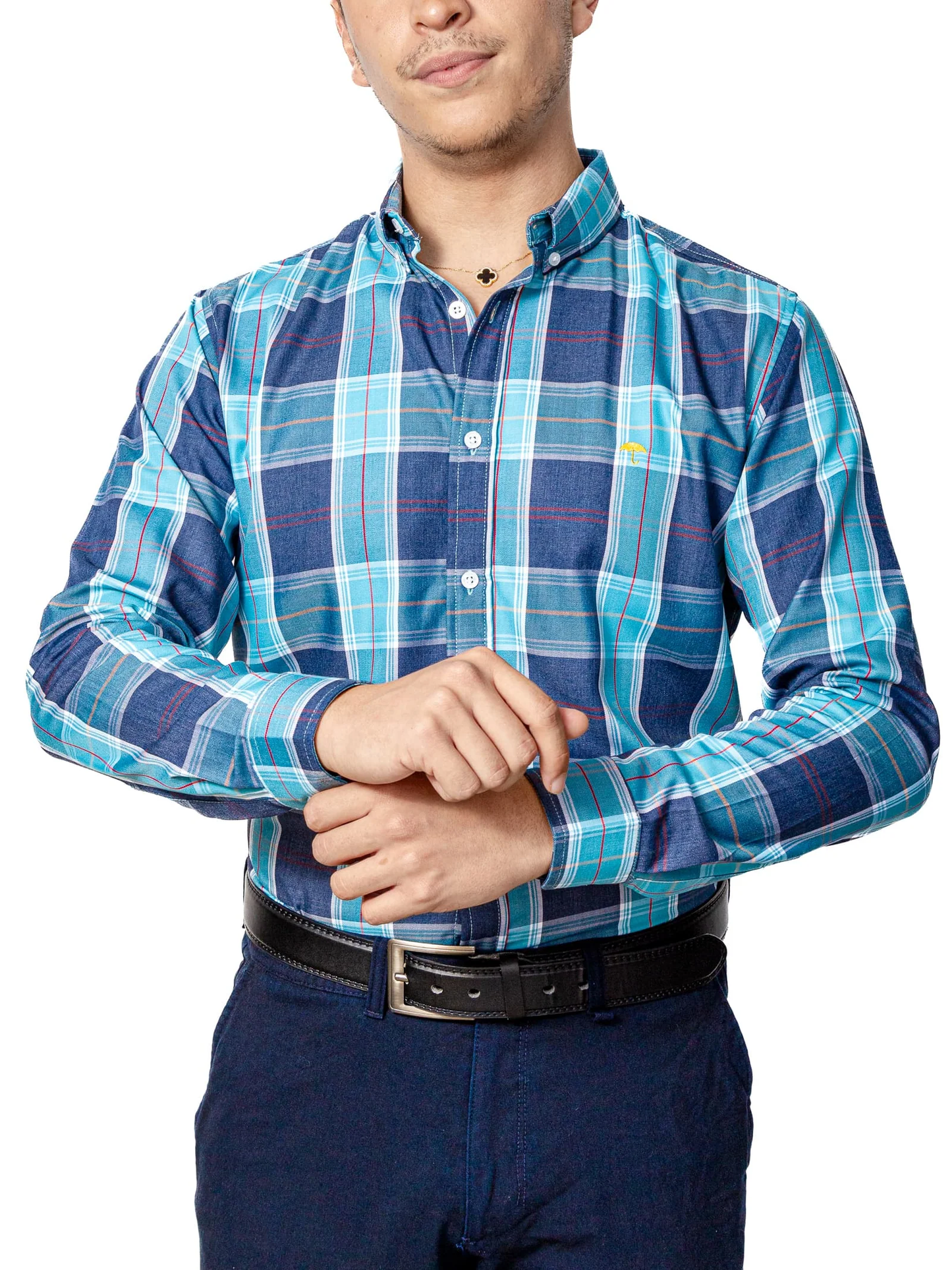 CAMISA CASUAL HOMBRE,CUADROS AZUL TURQUESA LINEA ROJA