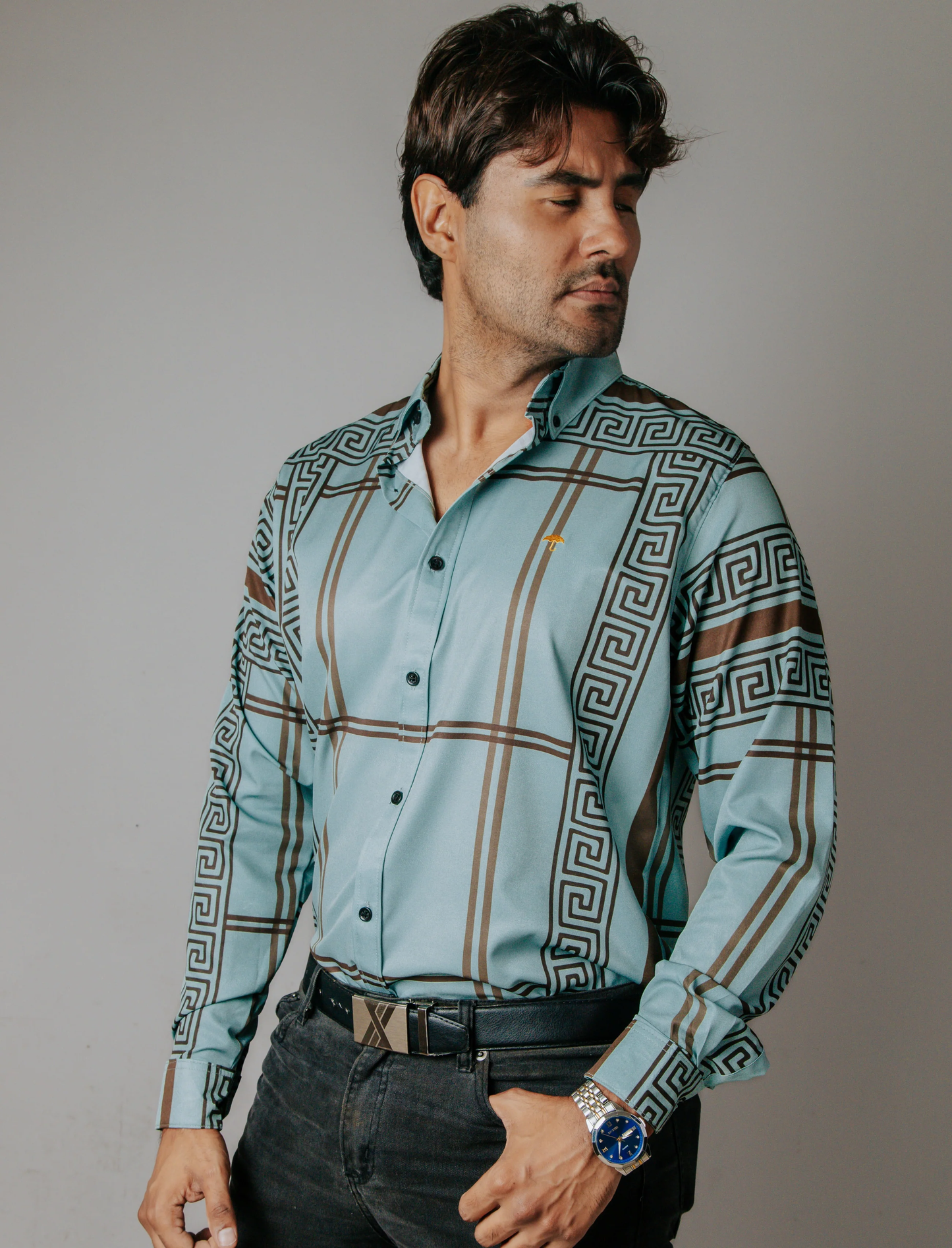 CAMISA HOMBRE SLIM FIT, VERDE PISTACHE GRECAS CAFÉ