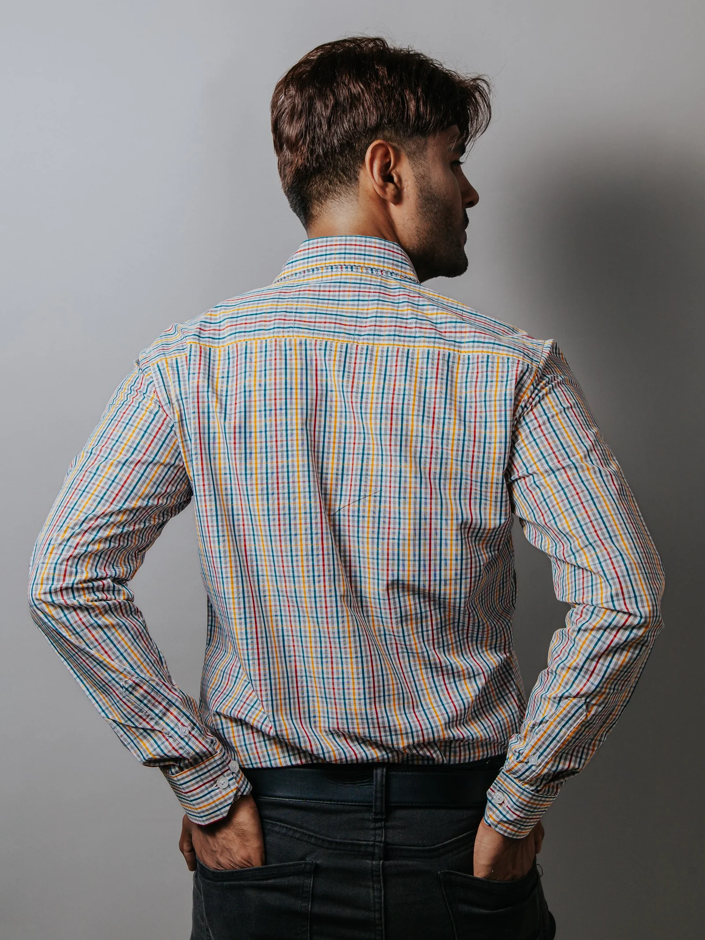 CAMISA HOMBRE SLIM FIT, CUADROS GRIS, AZUL, ROJO, AMARILLOS