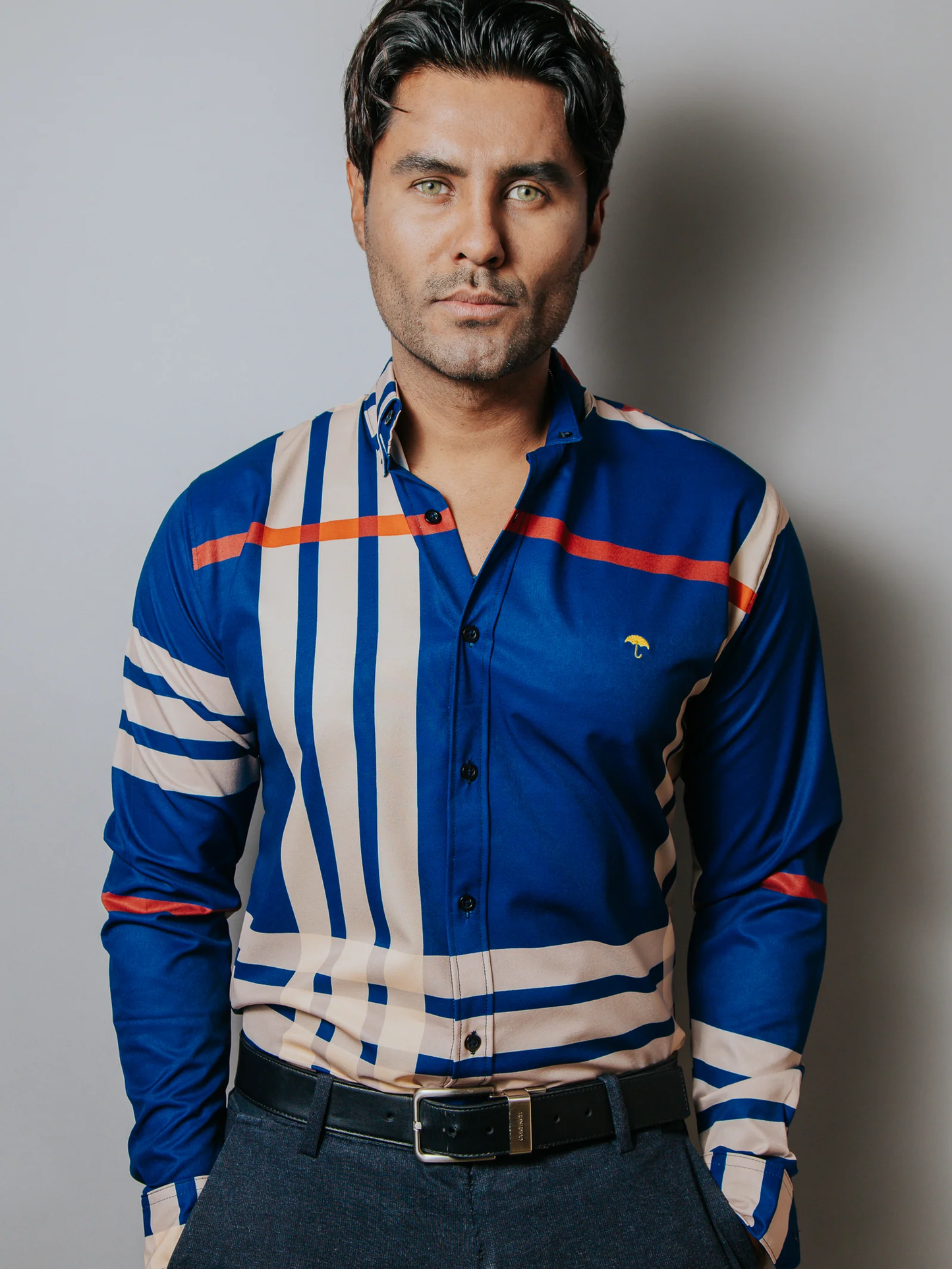 CAMISA SLIM FIT HOMBRE, AZUL REY FRANJAS NARANJA Y BEIGE