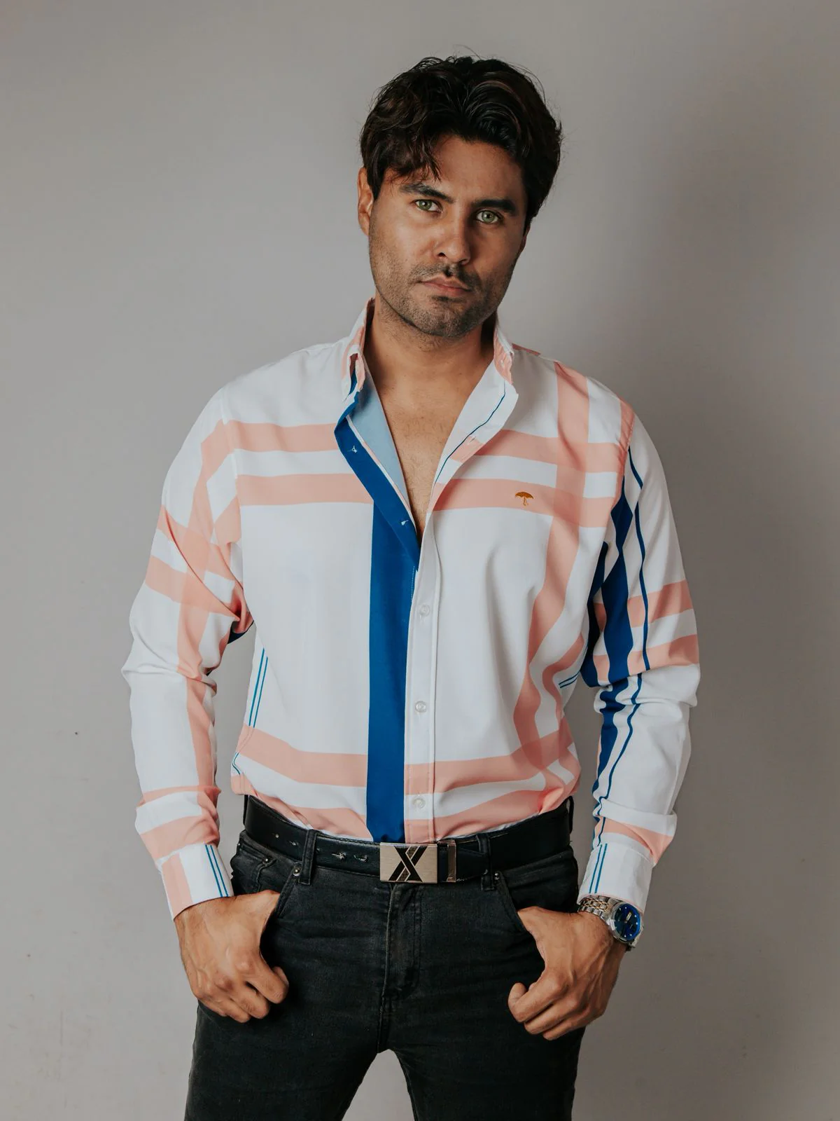 CAMISA HOMBRE SLIM FIT, BLANCO FRANJAS AZUL Y MELÓN