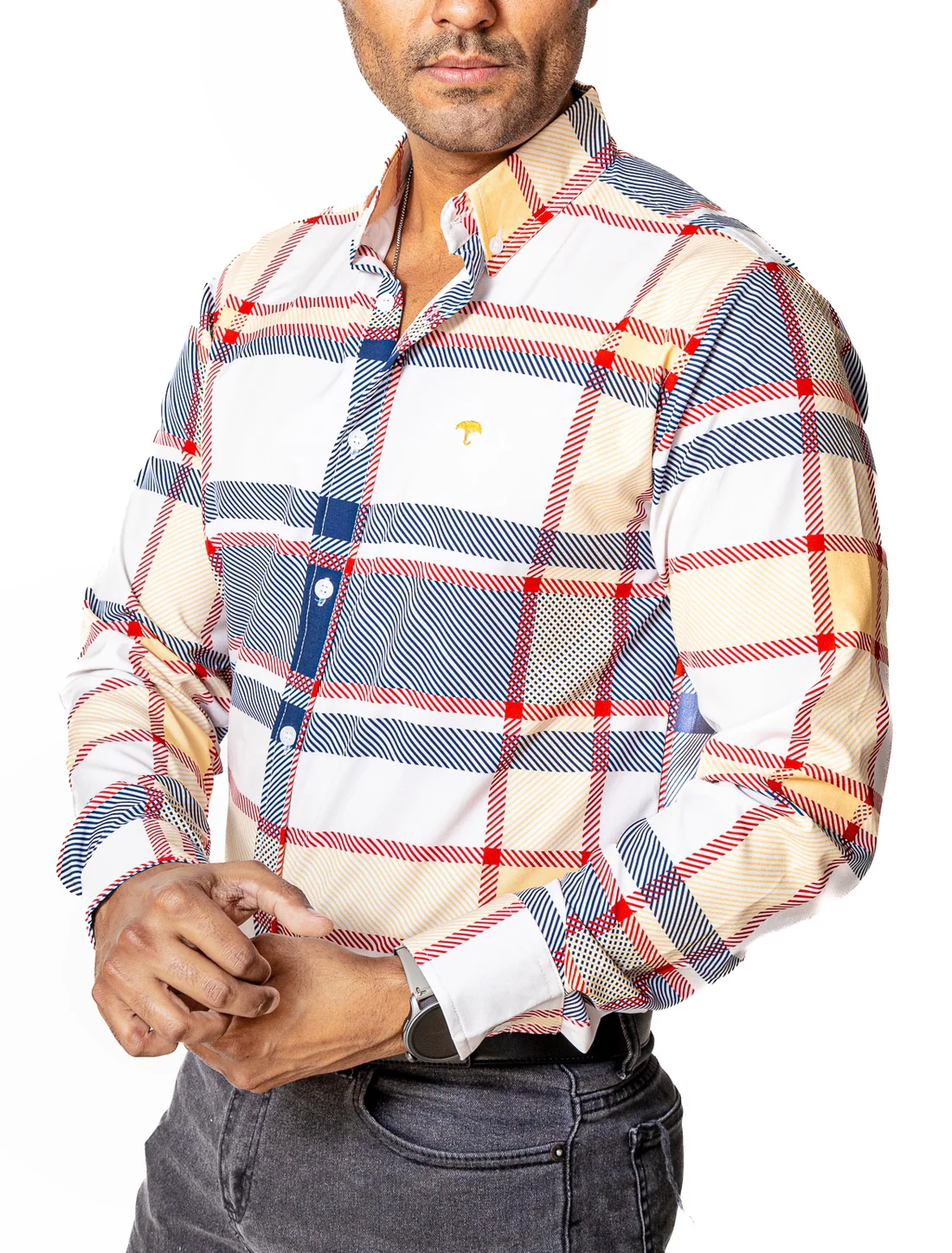 CAMISA HOMBRE SLIM FIT, HUESO LÍNEAS MORADO, ROJO, AMARILLO