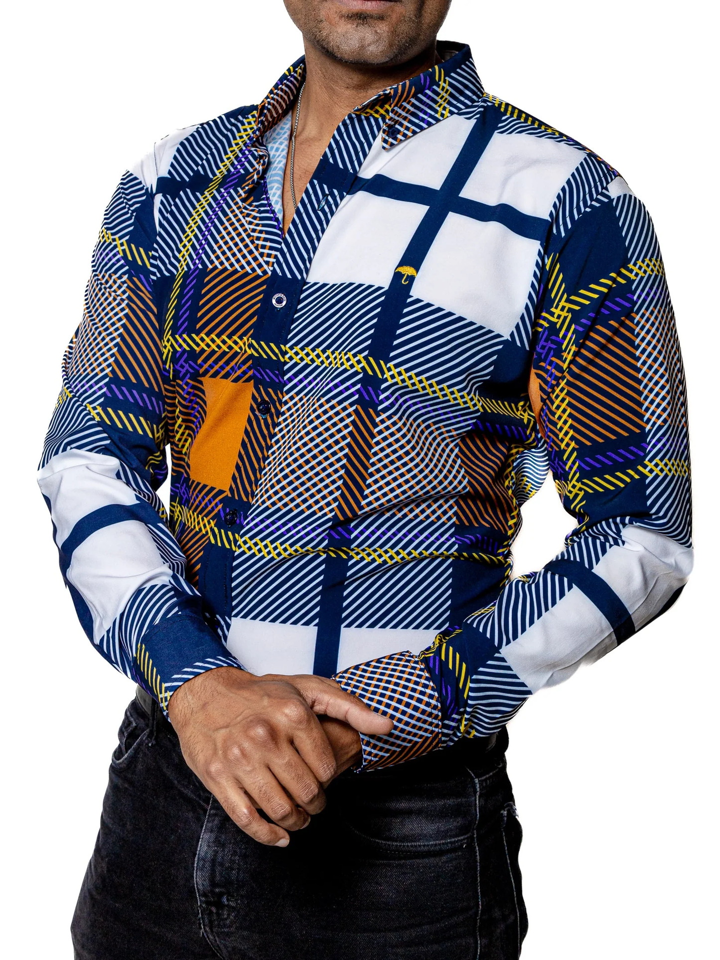 CAMISA HOMBRE CASUAL CUADROS MARINO, BLANCO, NARANJA