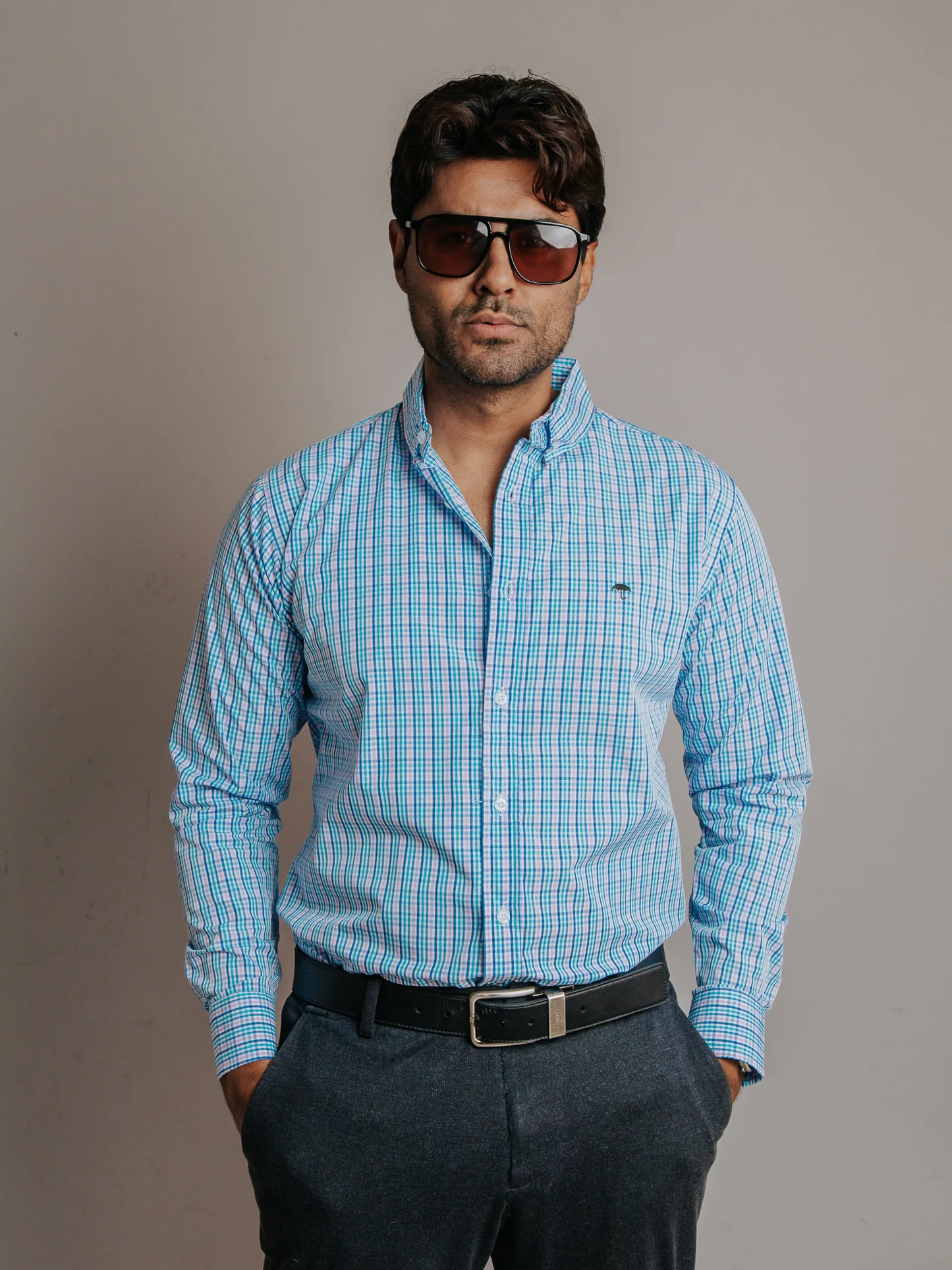 CAMISA HOMBRE SLIM FIT, MICROCUADRO ROSA TURQUESA Y AZUL