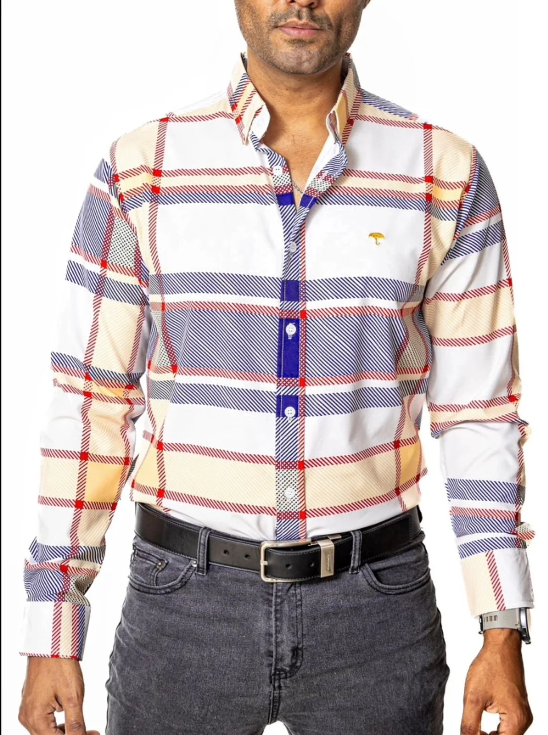 CAMISA HOMBRE SLIM FIT, HUESO LÍNEAS MORADO, ROJO, AMARILLO